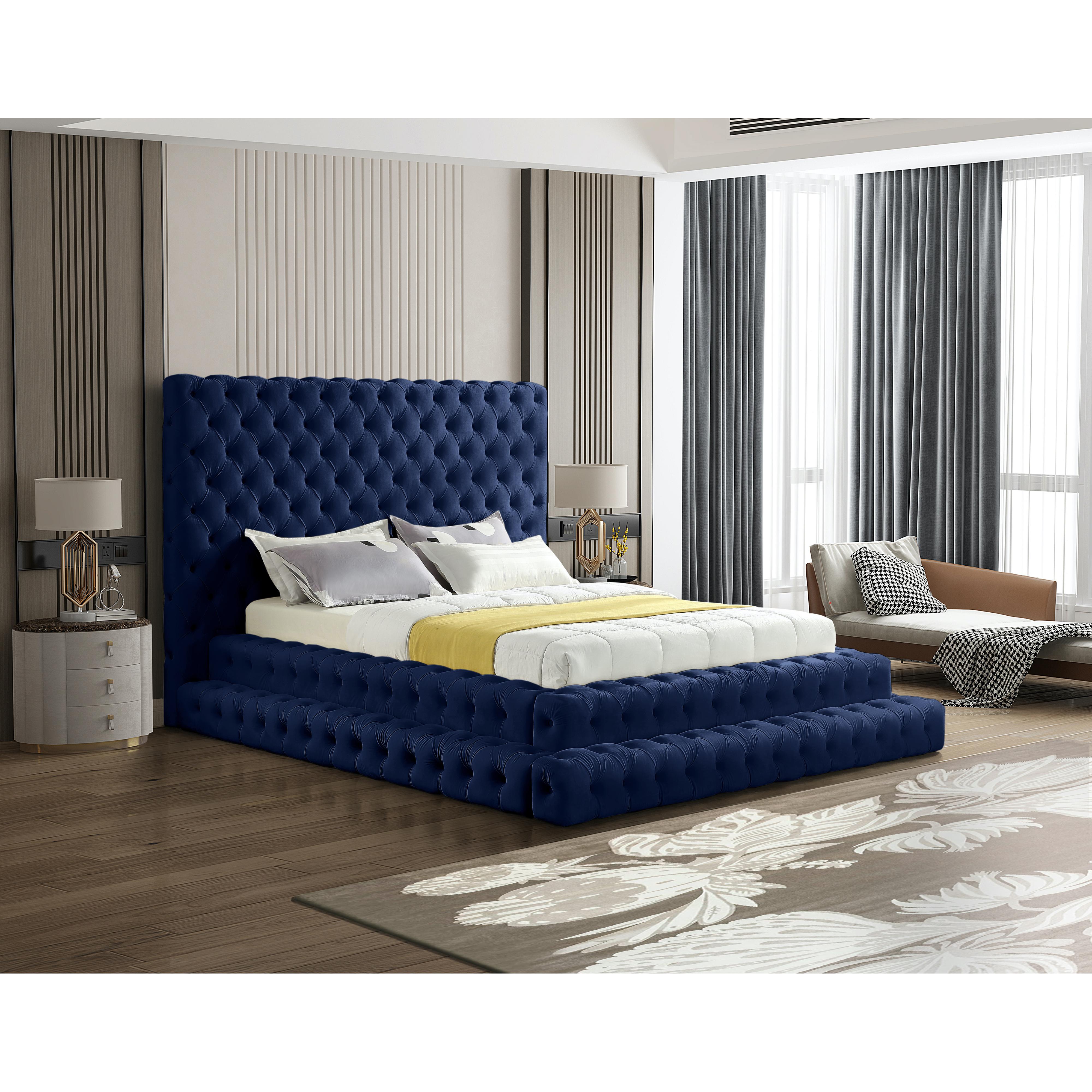 Meridian Revel Navy Velvet Queen Bed (3 Boxes)