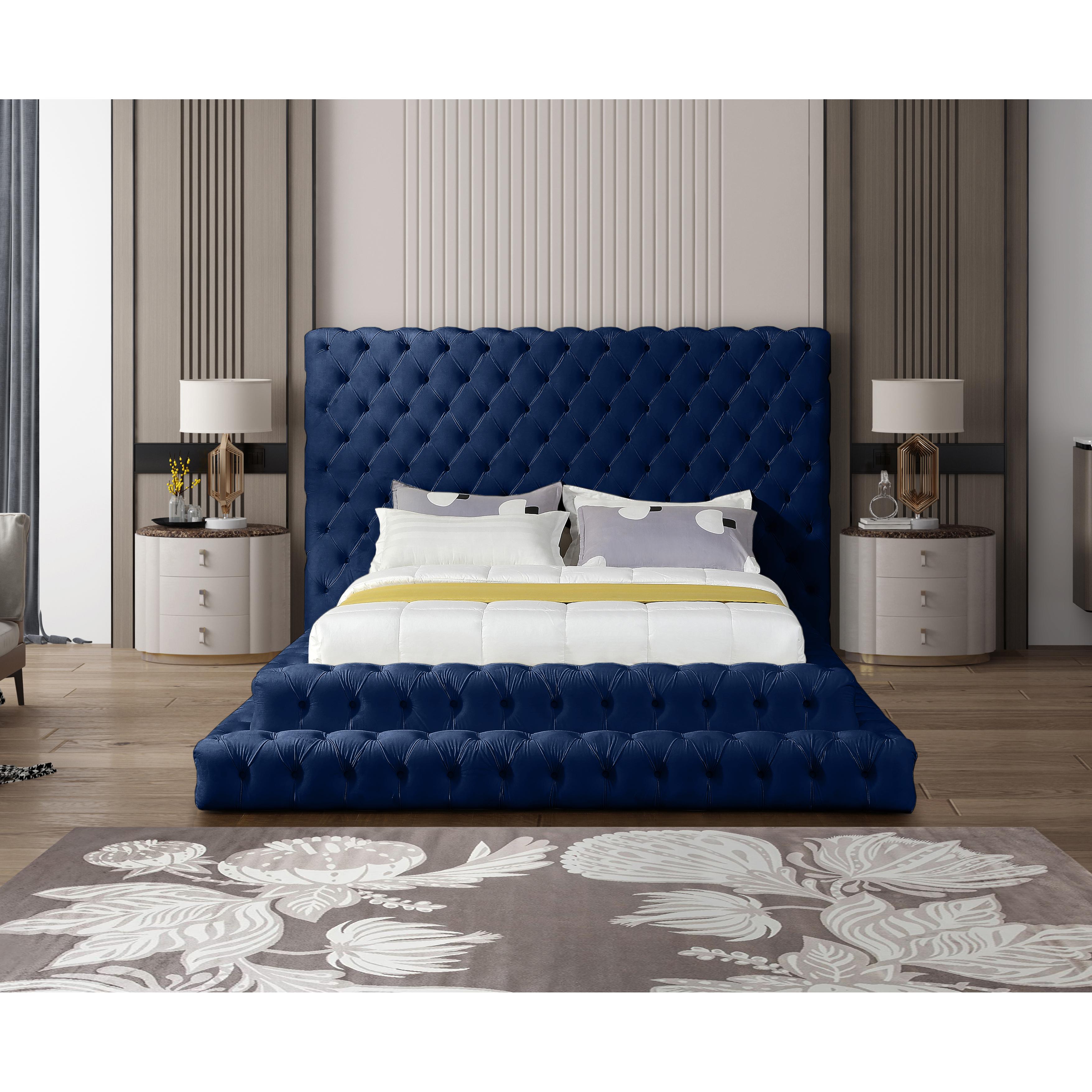 Meridian Revel Navy Velvet Queen Bed (3 Boxes)