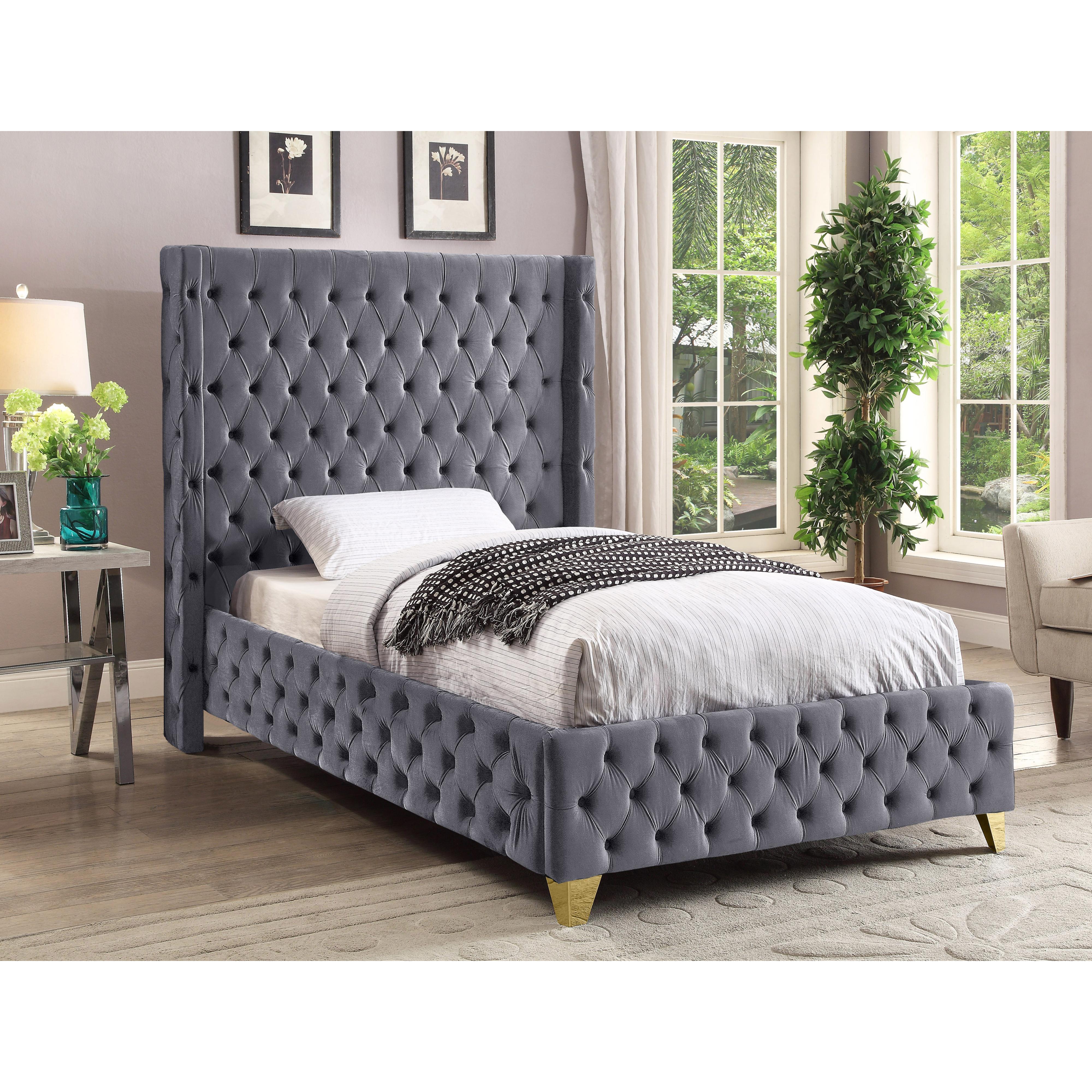 Meridian Savan Grey Velvet Twin Bed