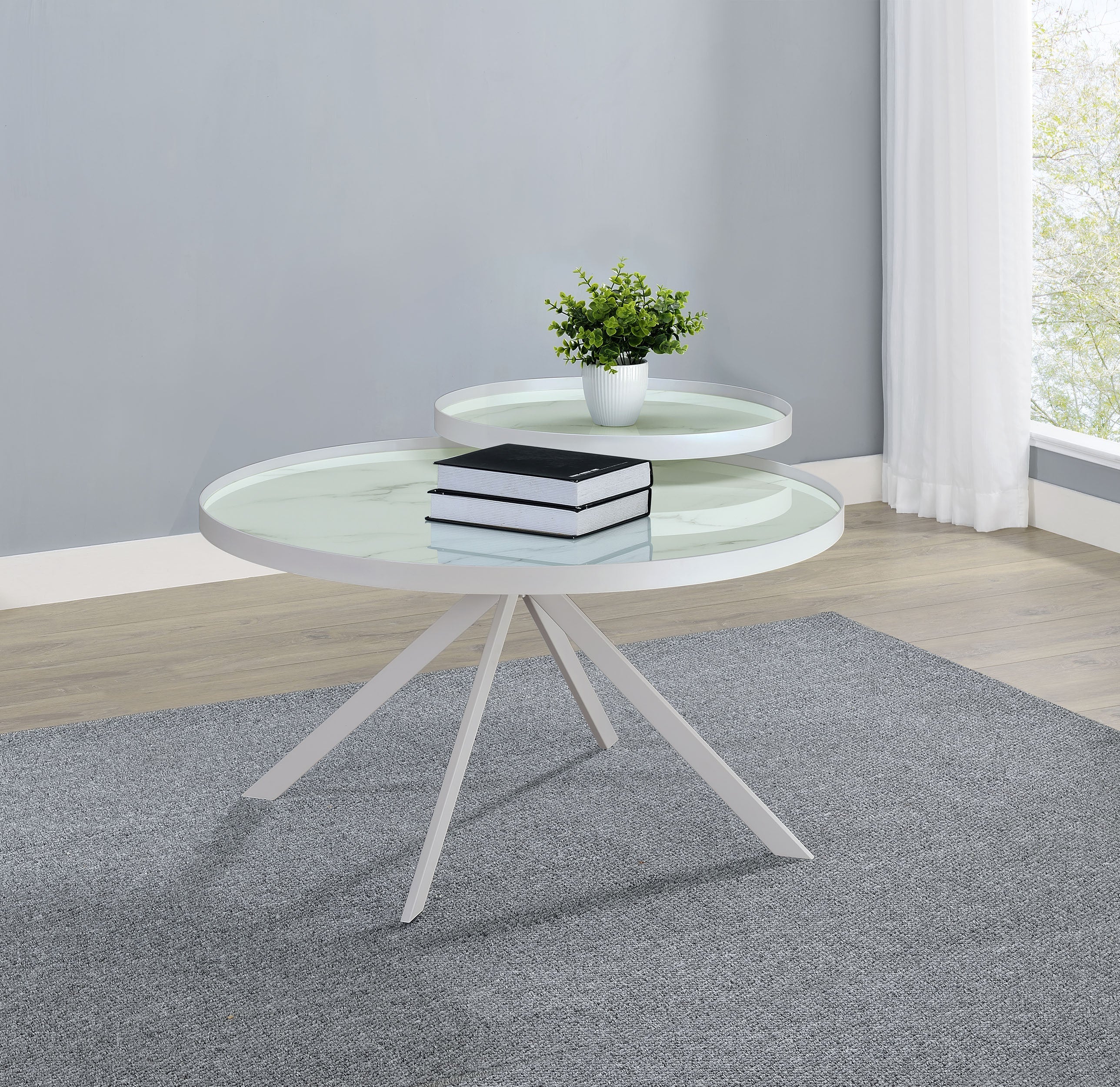 Briggs Round Marble Printed Glass Top Coffee Table Black