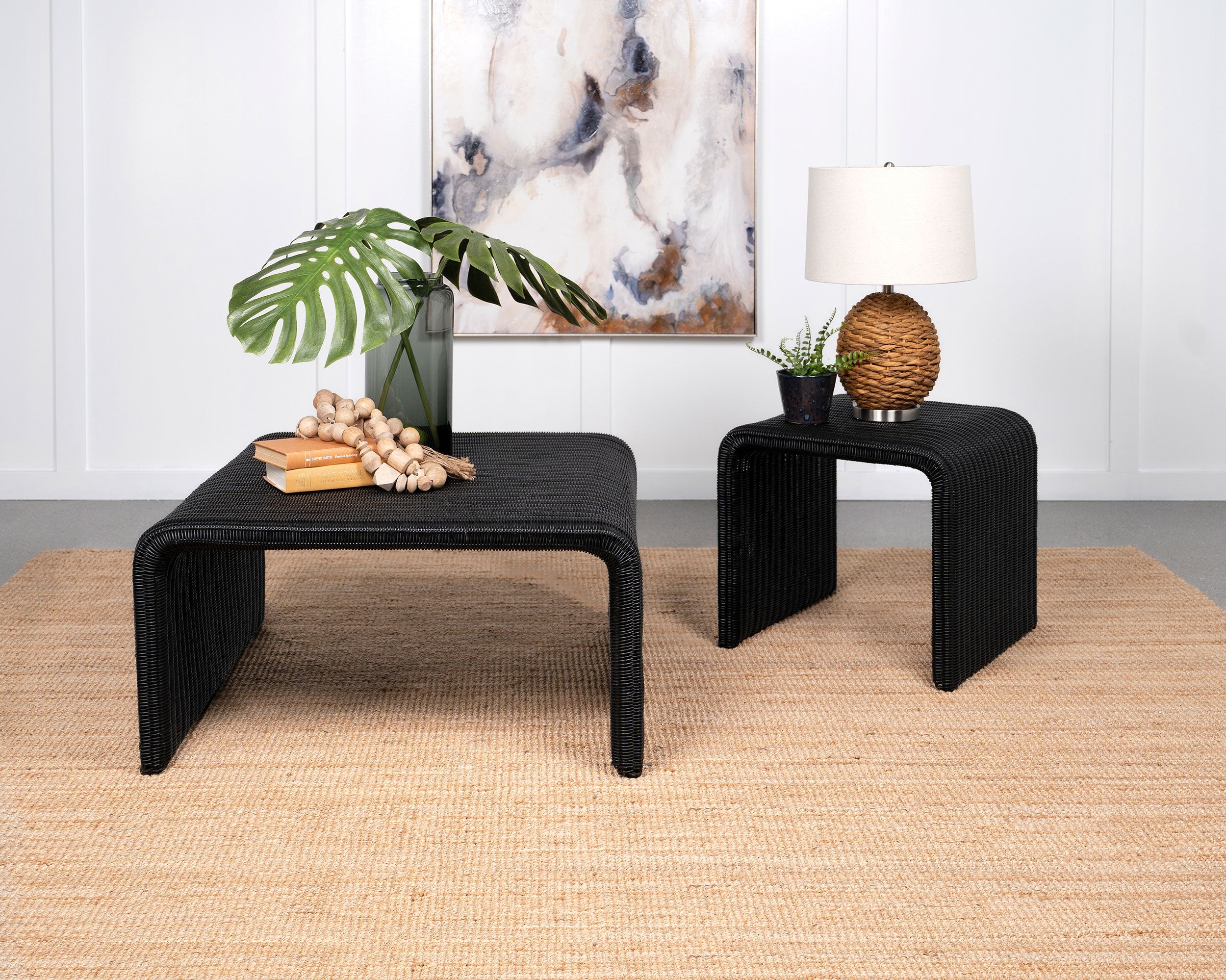 Cahya  Rattan Coffee and End Table Set Black