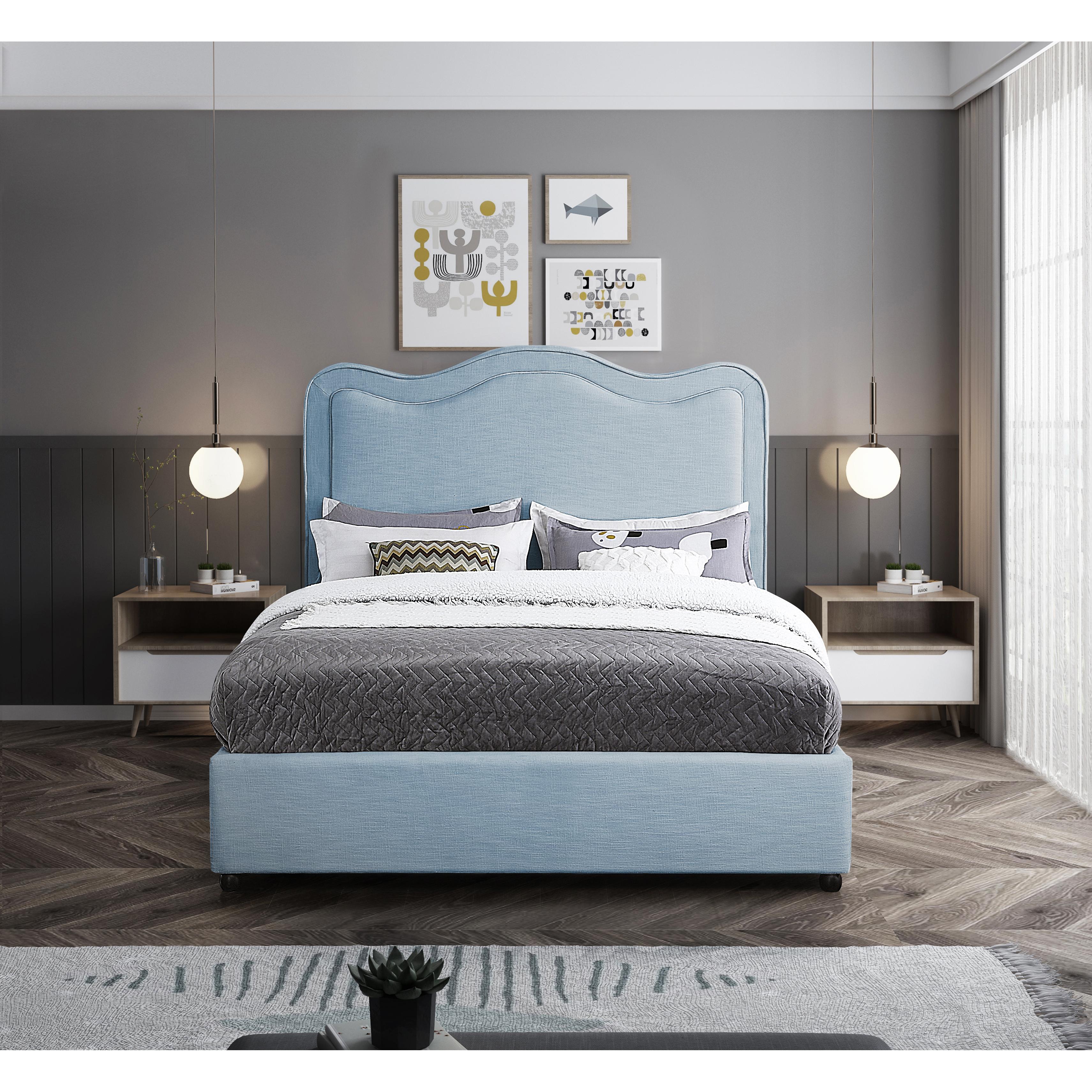 Meridian Felix Light Blue Linen Textured Fabric King Bed