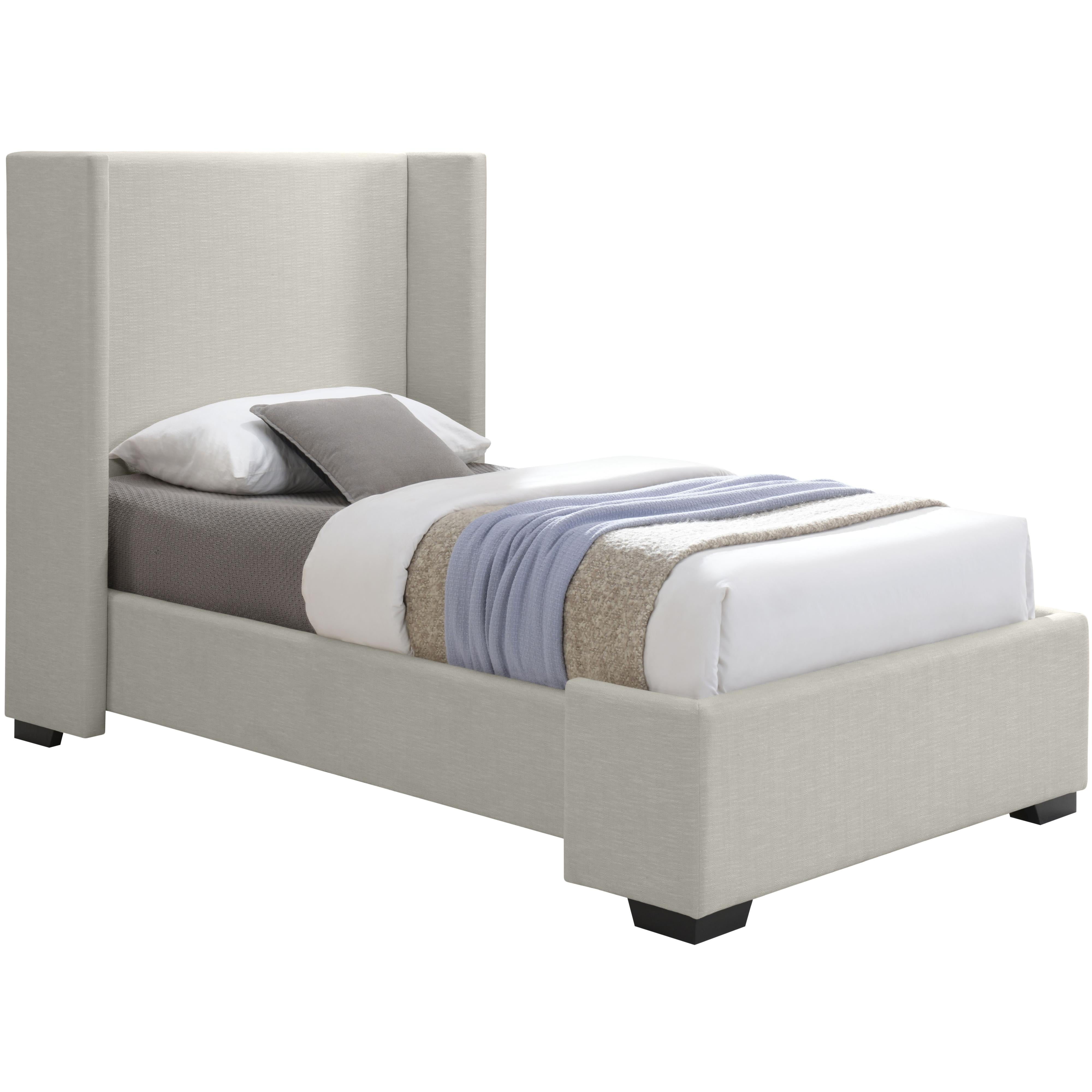 Meridian Oxford Beige Linen Textured Fabric Twin Bed (3 Boxes)