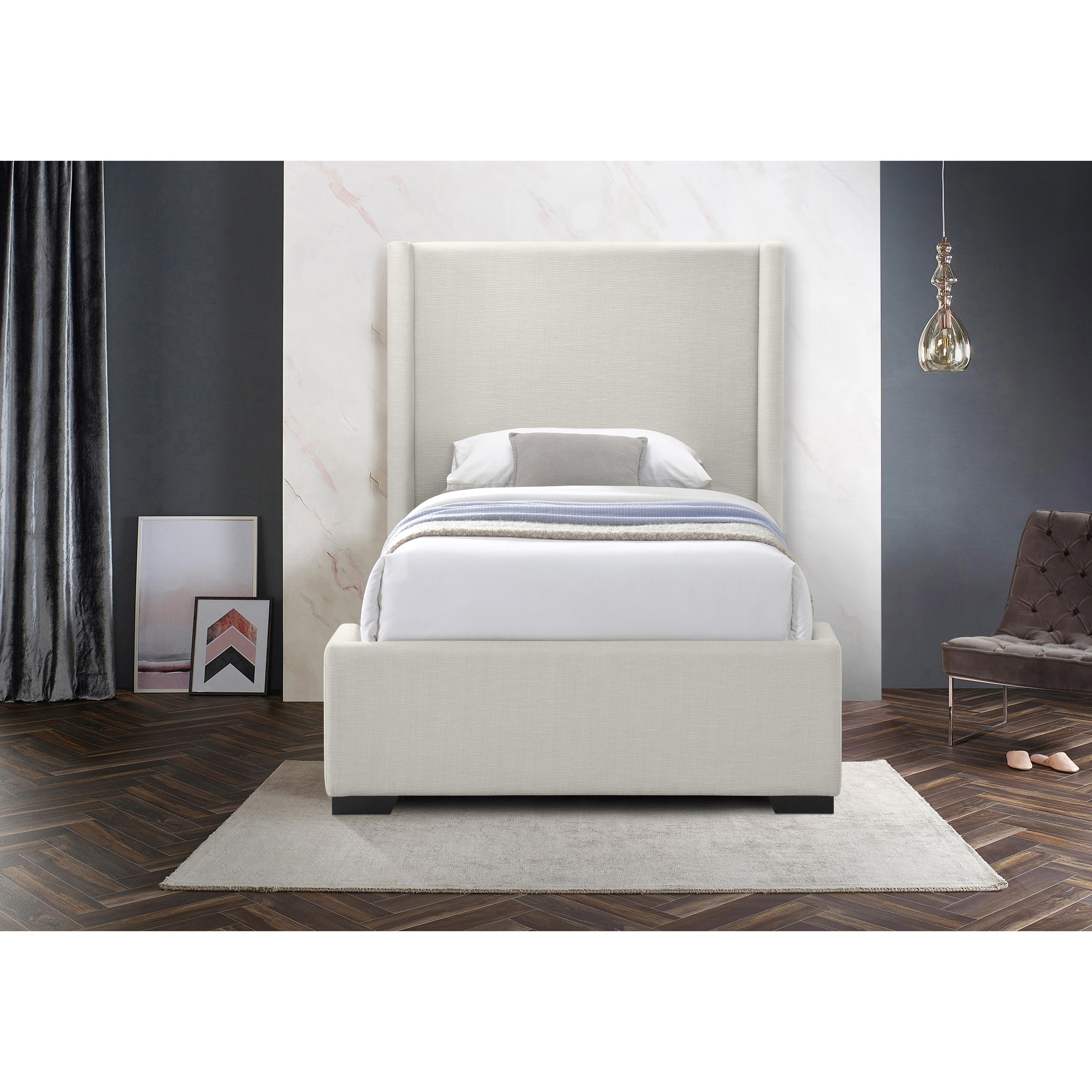 Meridian Oxford Beige Linen Textured Fabric Twin Bed (3 Boxes)