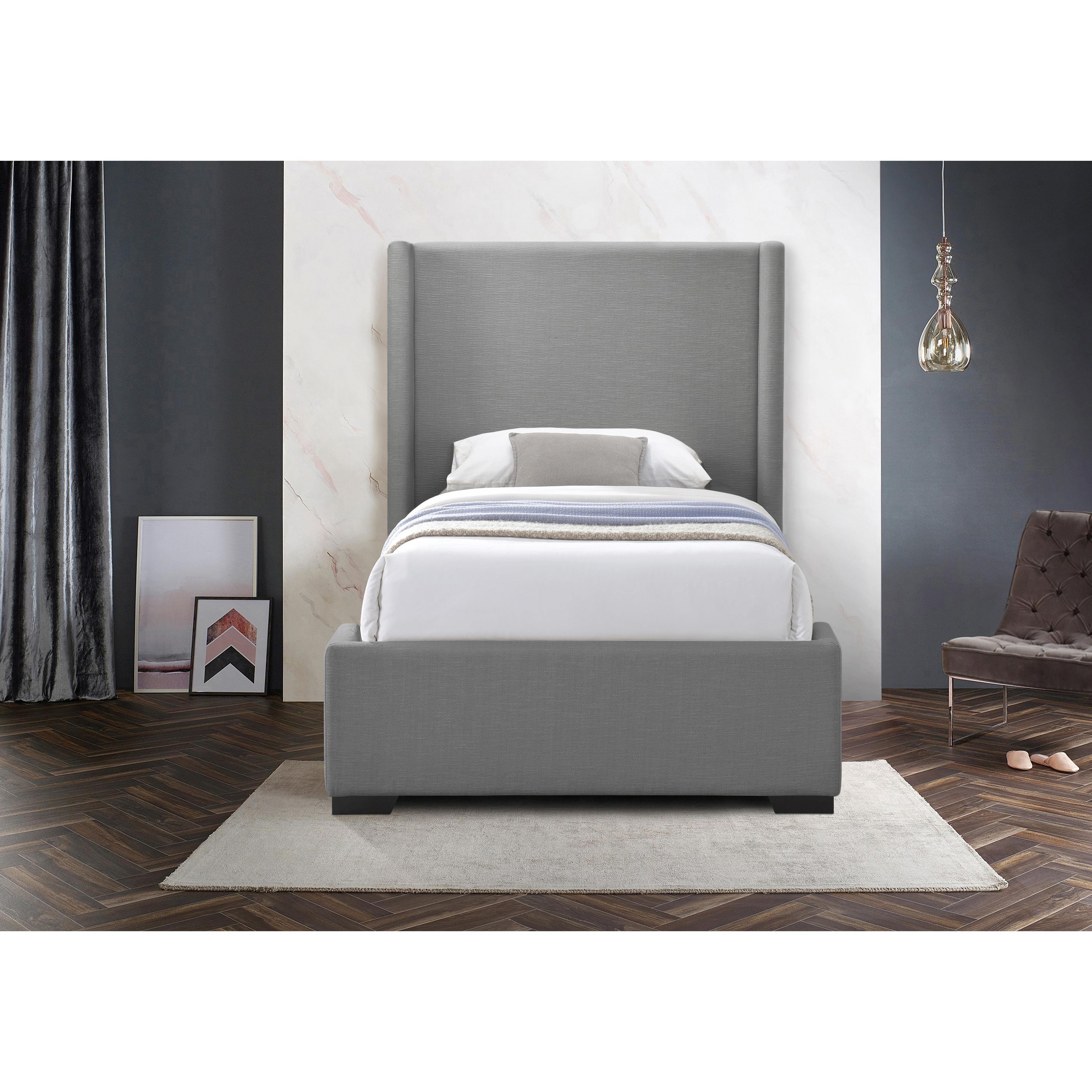 Meridian Oxford Grey Linen Textured Fabric Twin Bed (3 Boxes)