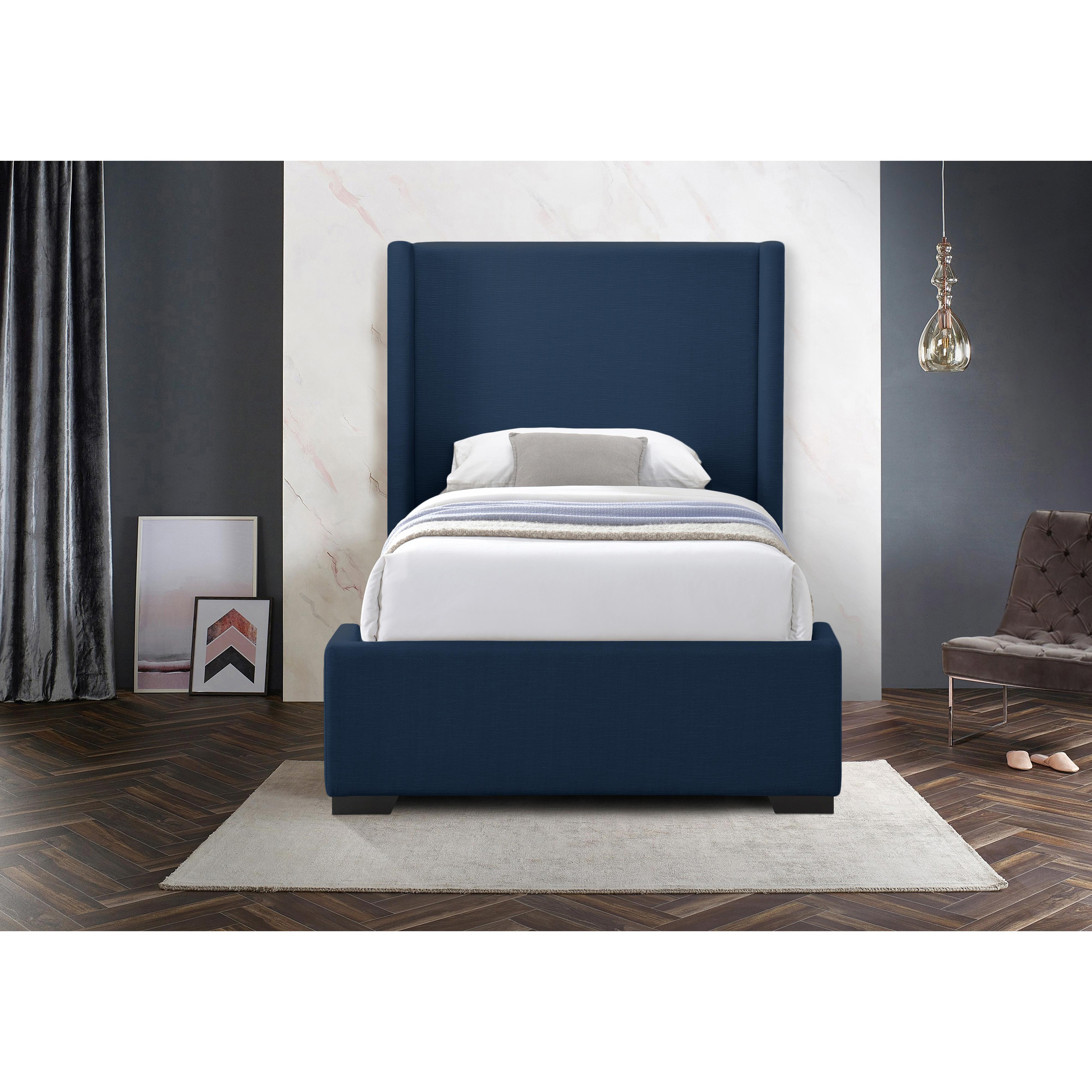 Meridian Oxford Navy Linen Textured Fabric Twin Bed (3 Boxes)