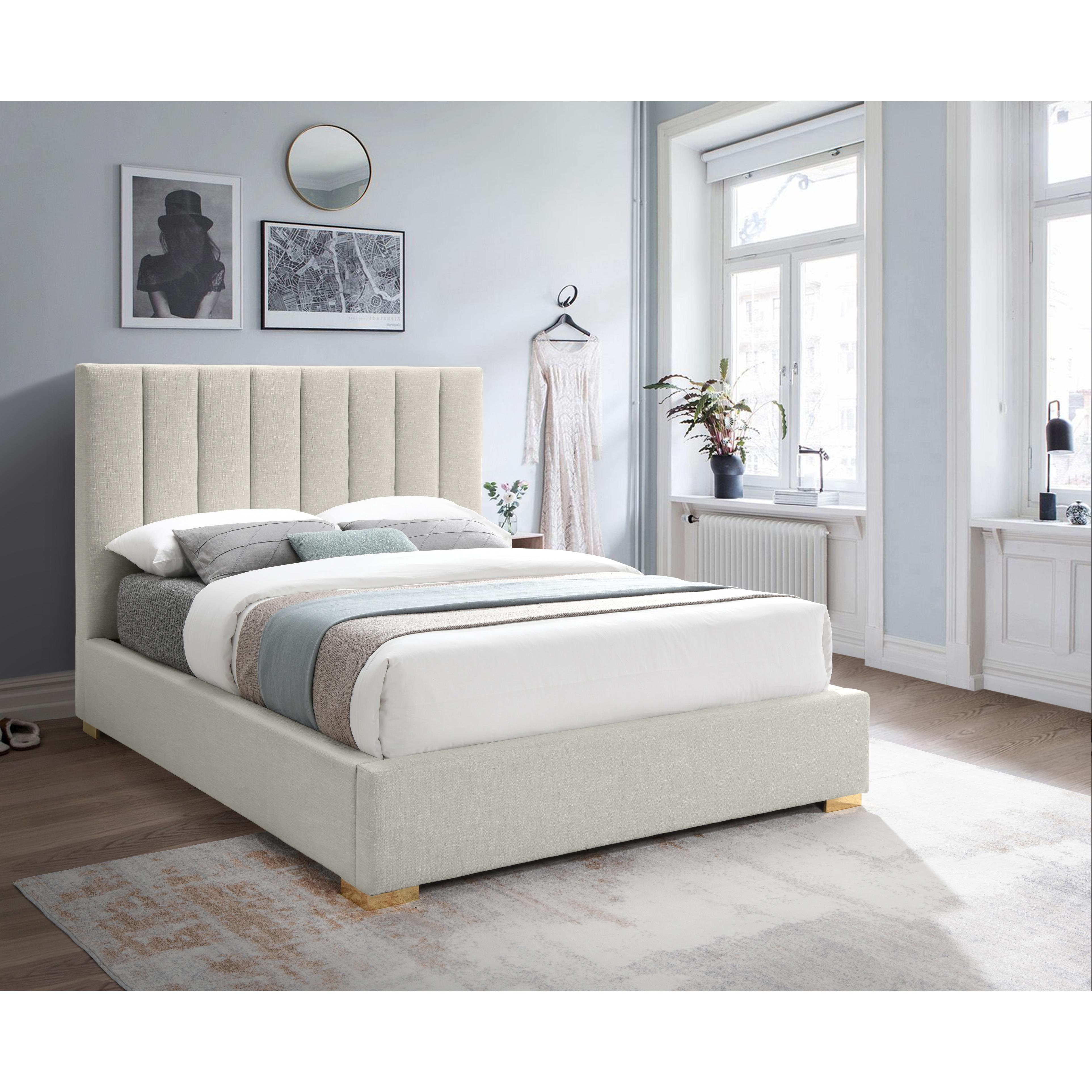 Meridian Pierce Beige Linen Textured Fabric Full Bed