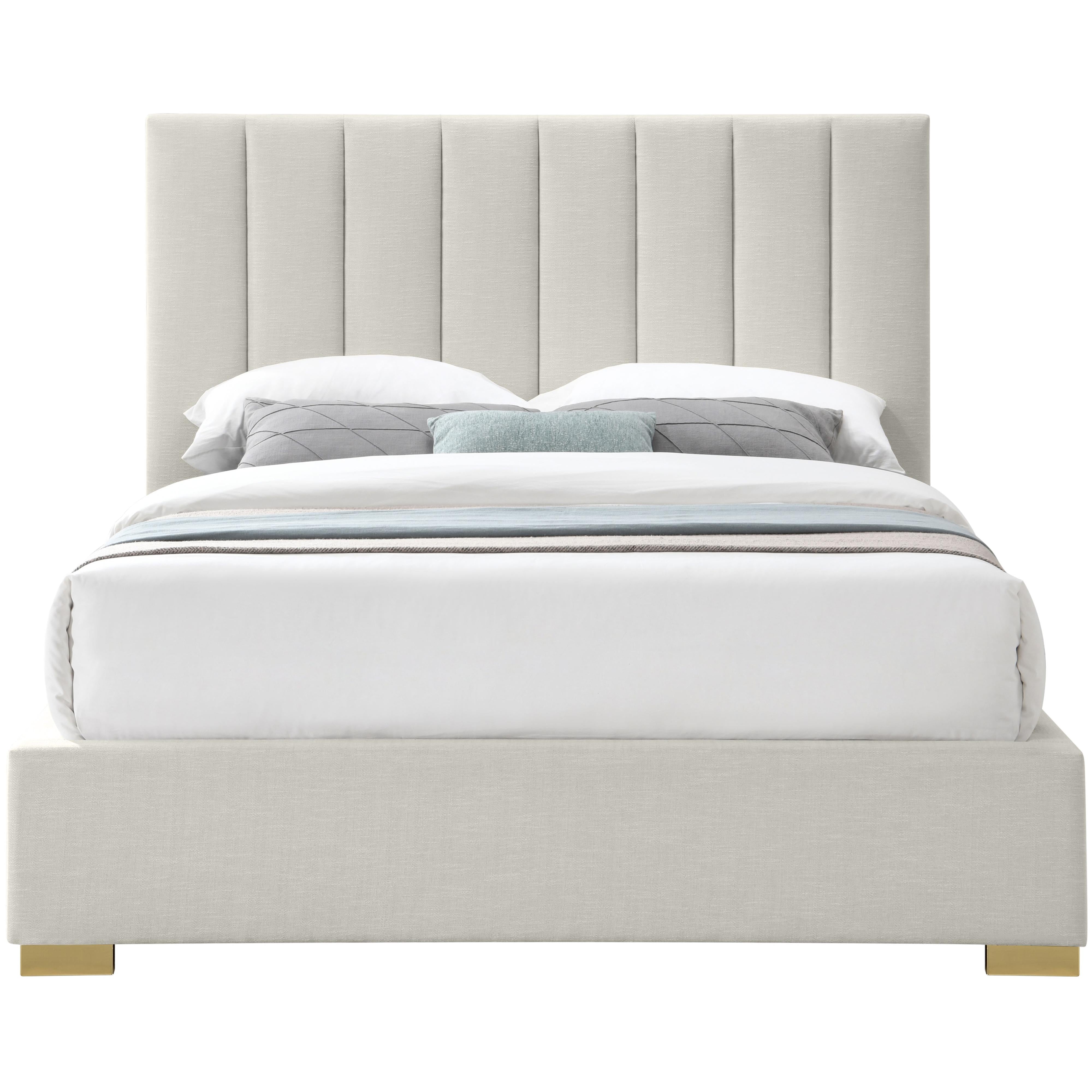 Meridian Pierce Beige Linen Textured Fabric King Bed