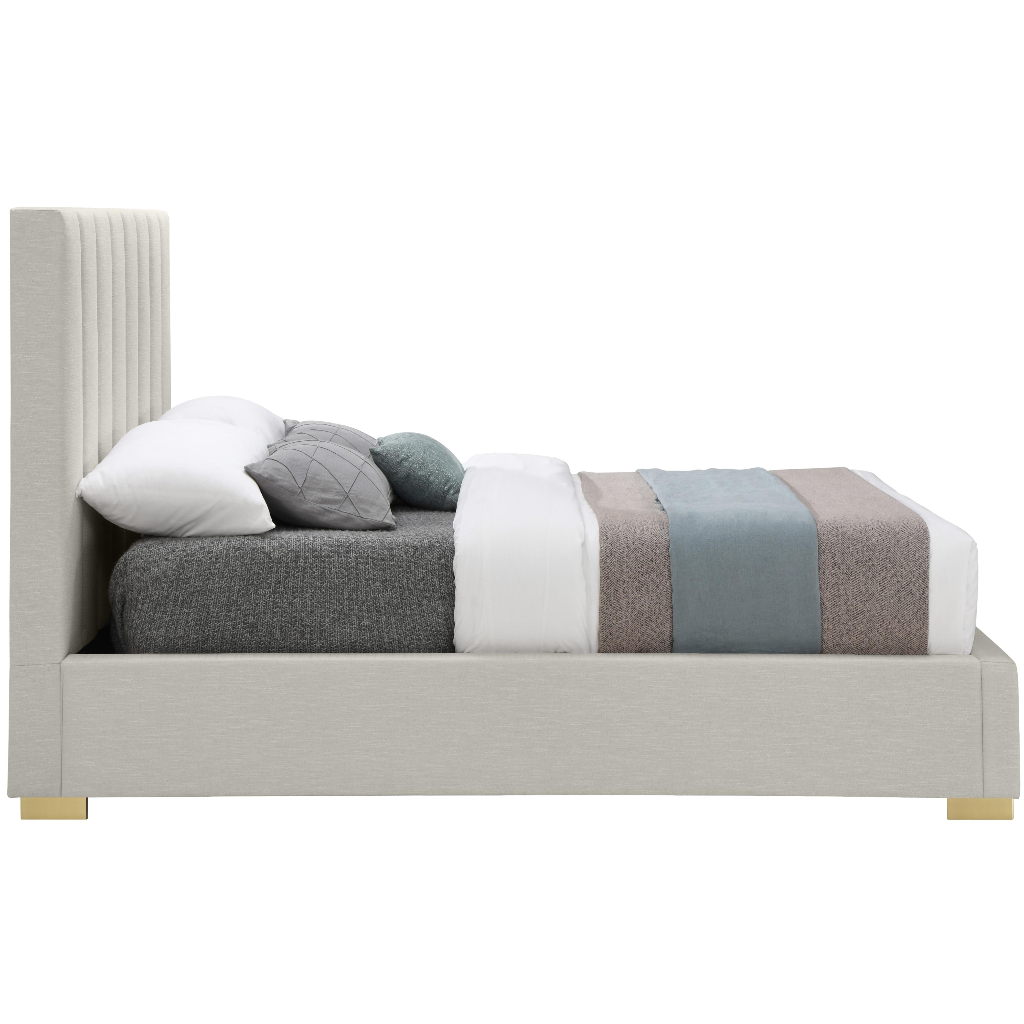 Meridian Pierce Beige Linen Textured Fabric Queen Bed