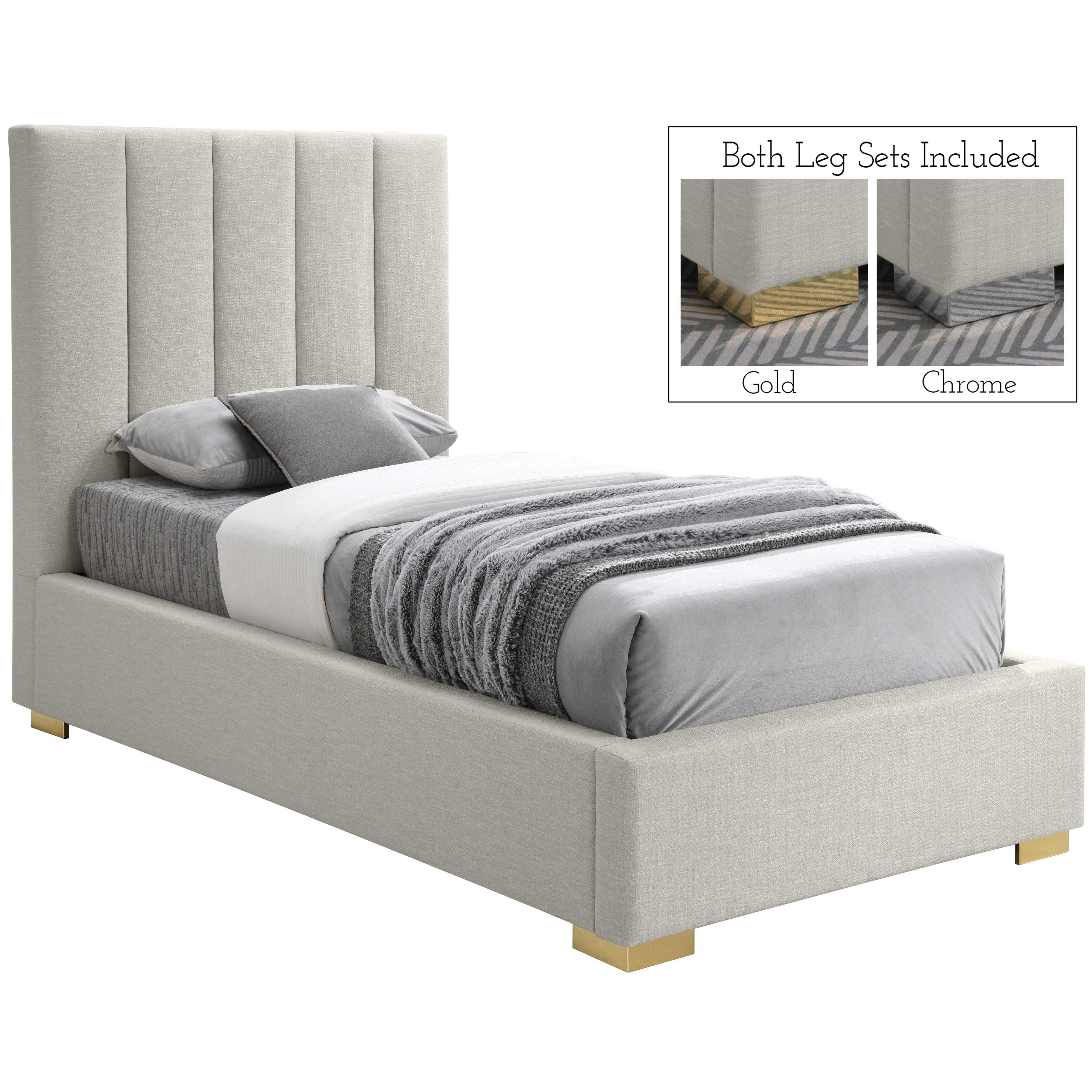 Meridian Pierce Beige Linen Textured Fabric Twin Bed