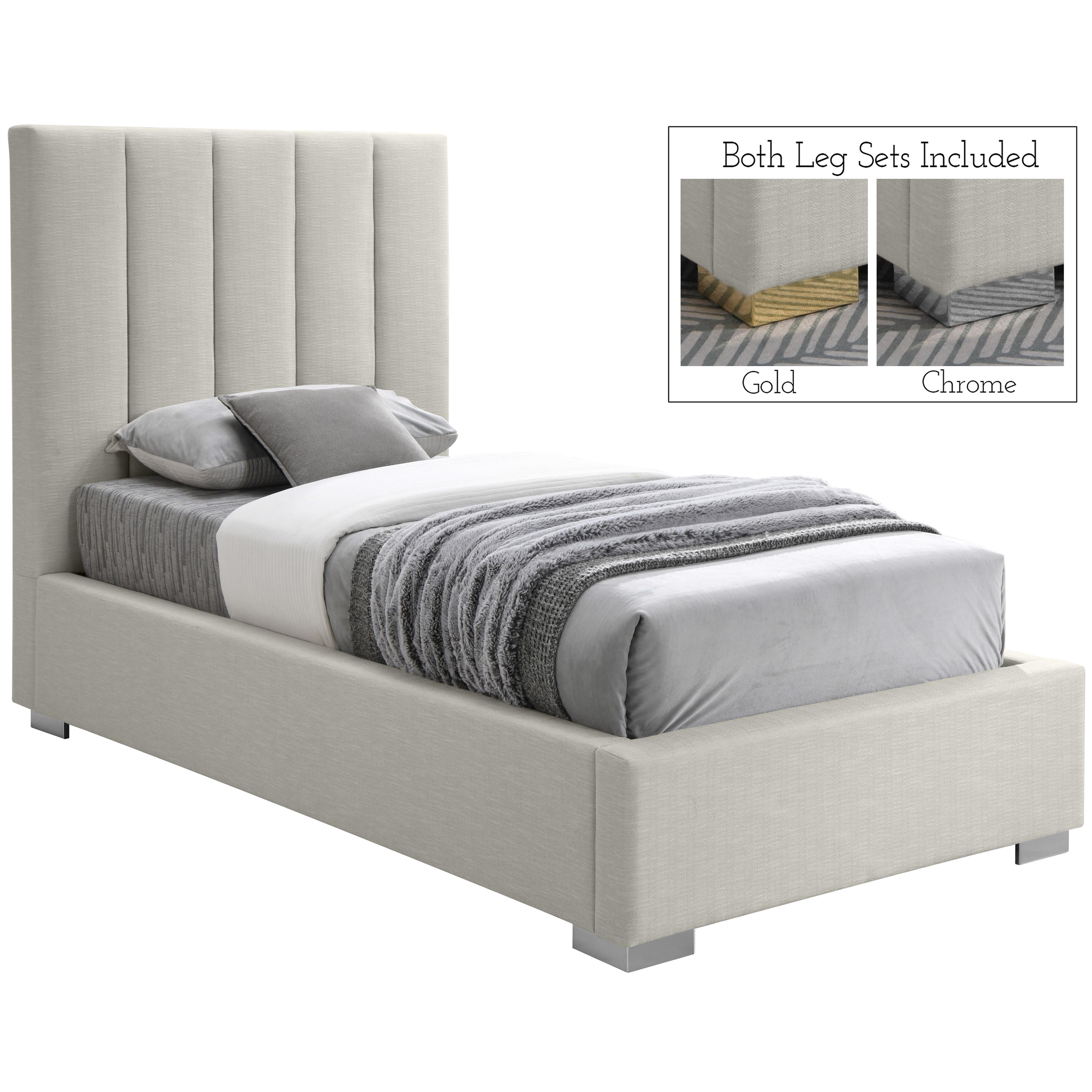 Meridian Pierce Beige Linen Textured Fabric Twin Bed