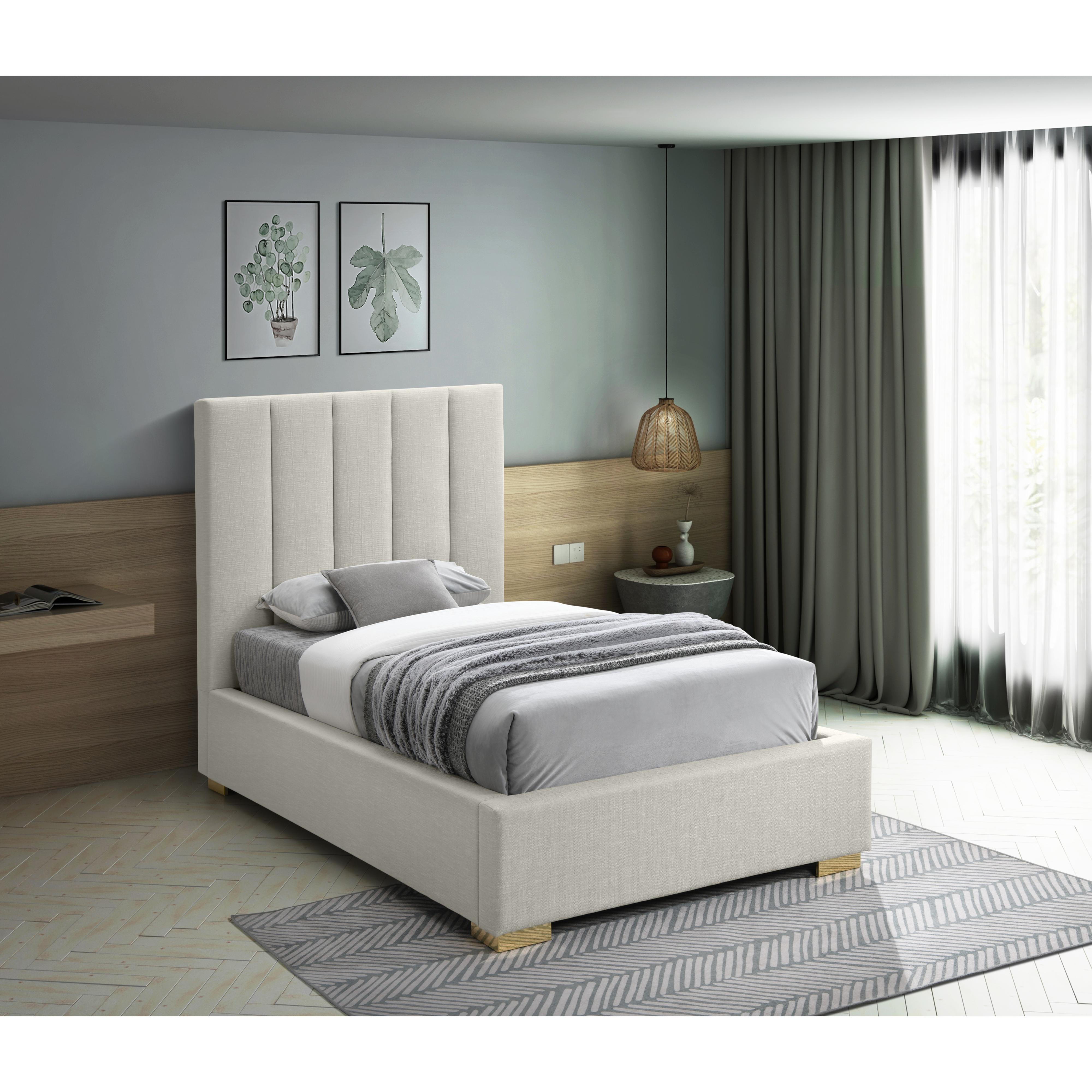 Meridian Pierce Beige Linen Textured Fabric Twin Bed