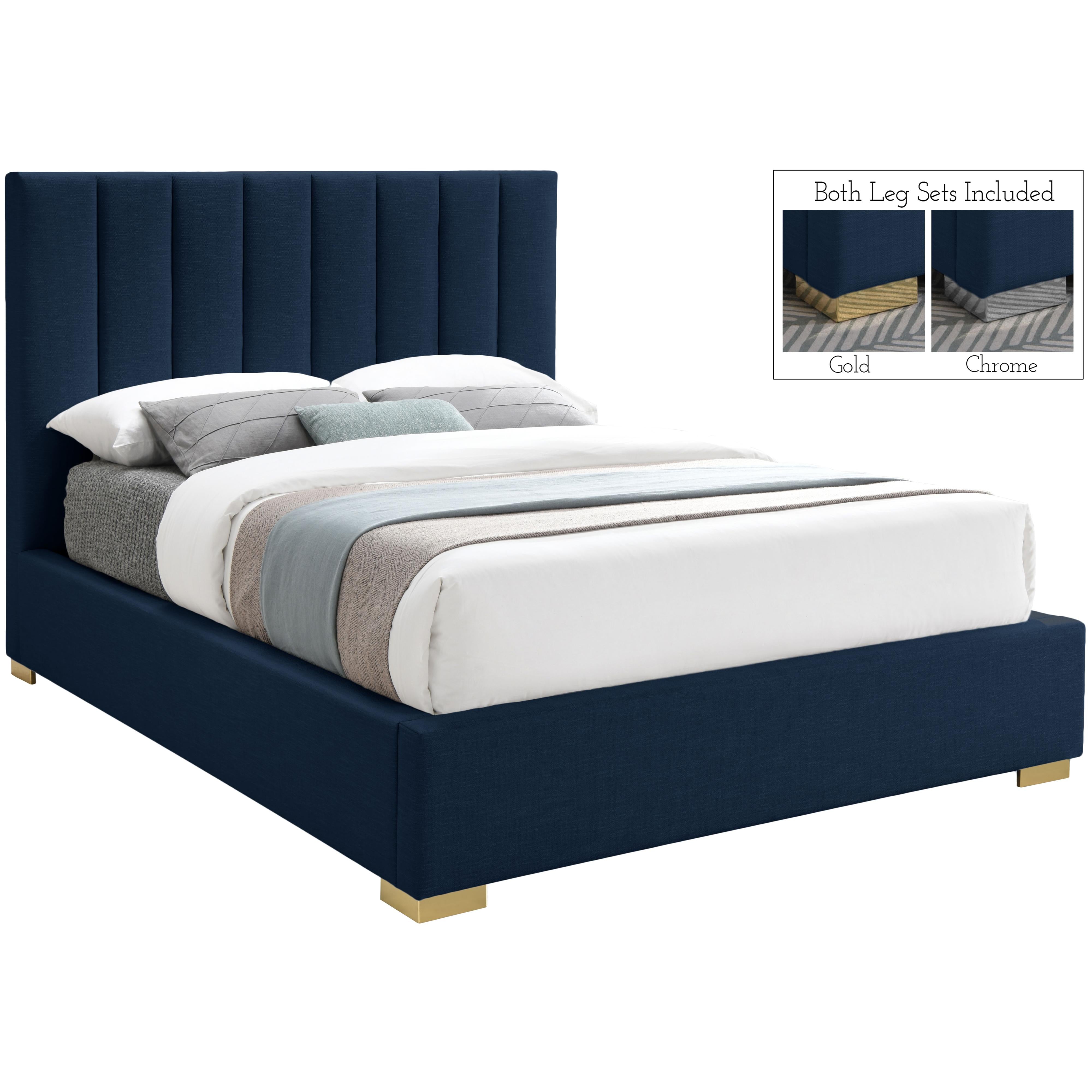 Meridian Pierce Navy Linen Textured Fabric Queen Bed