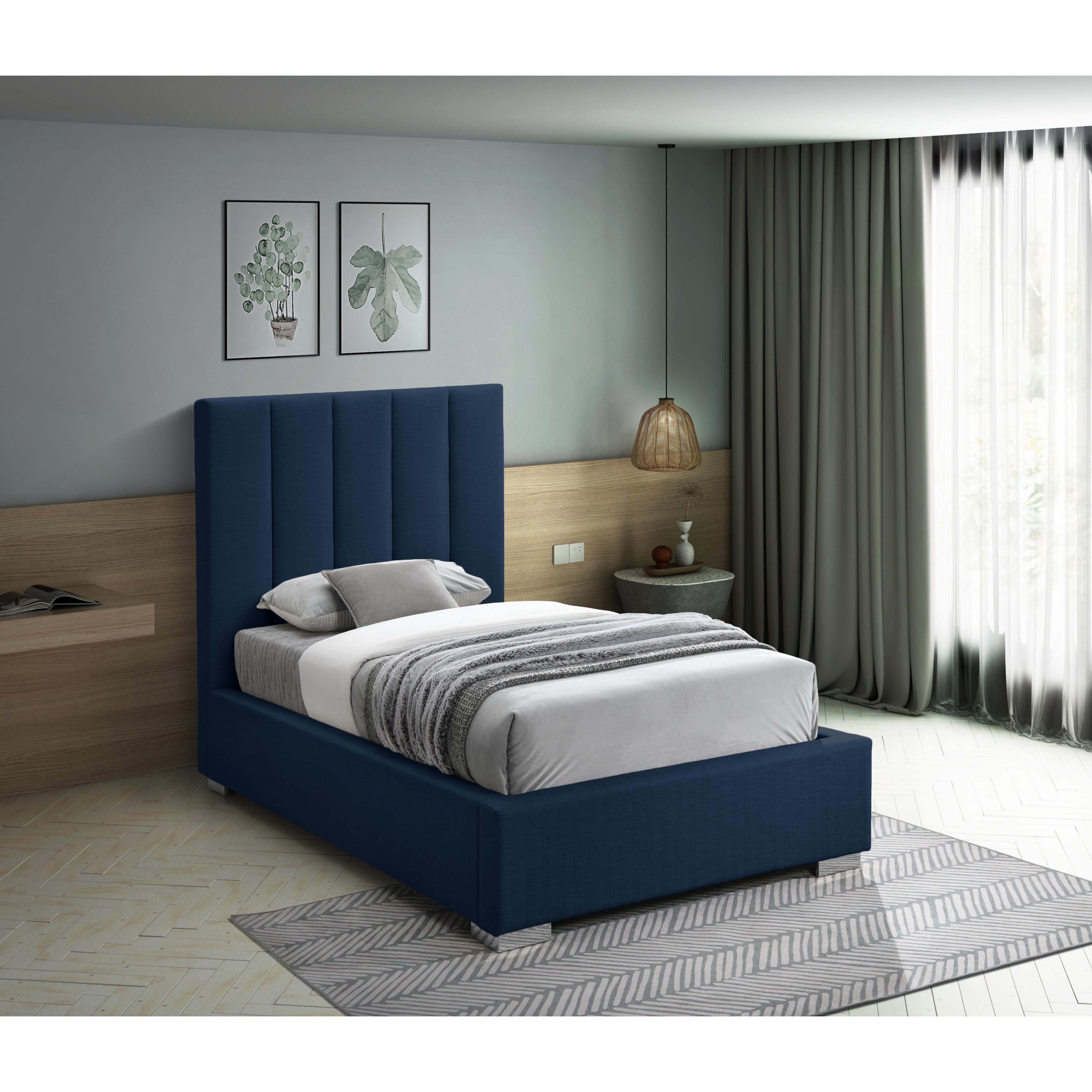 Meridian Pierce Navy Linen Textured Fabric Twin Bed