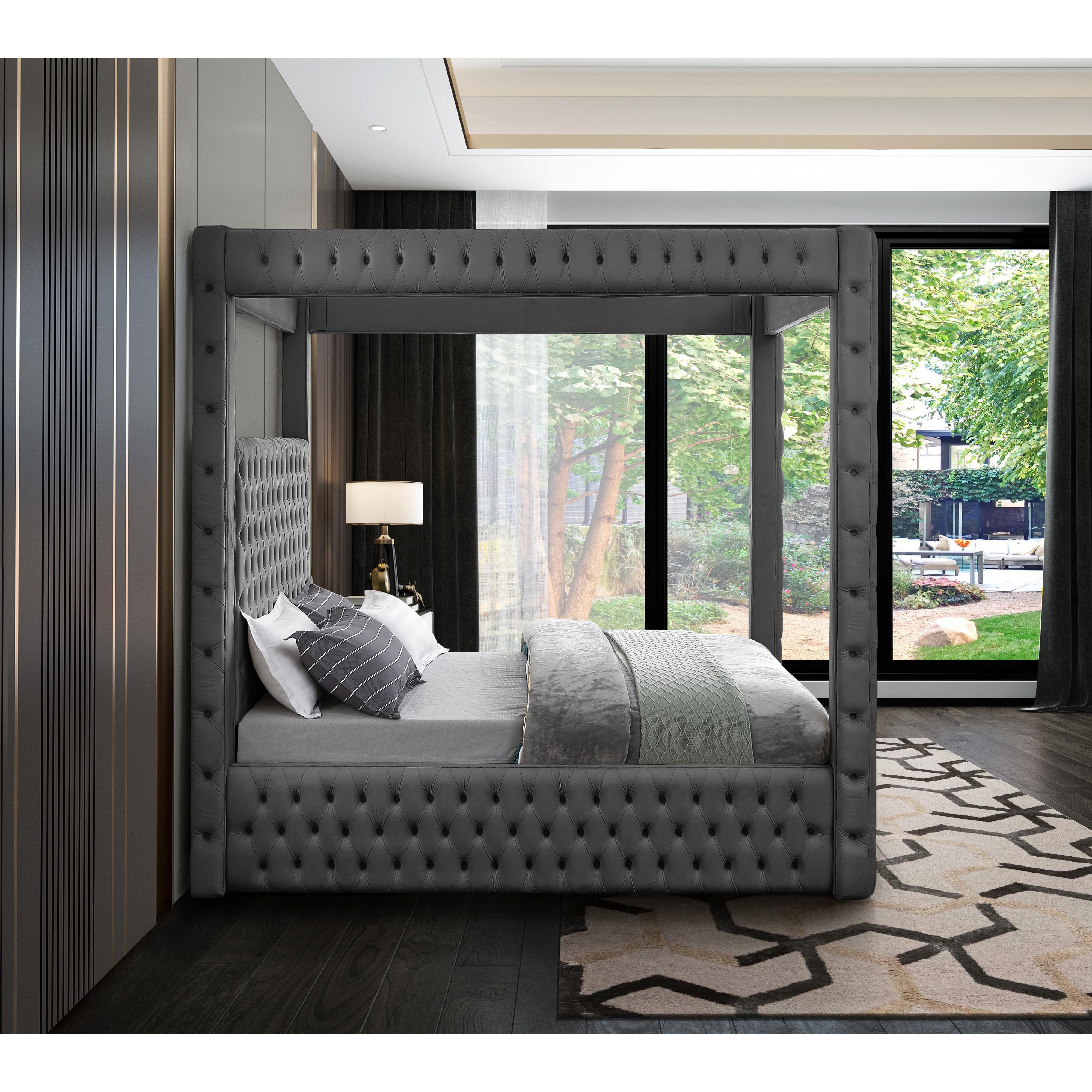 Meridian Royal Grey Velvet Queen Bed (4 Boxes)