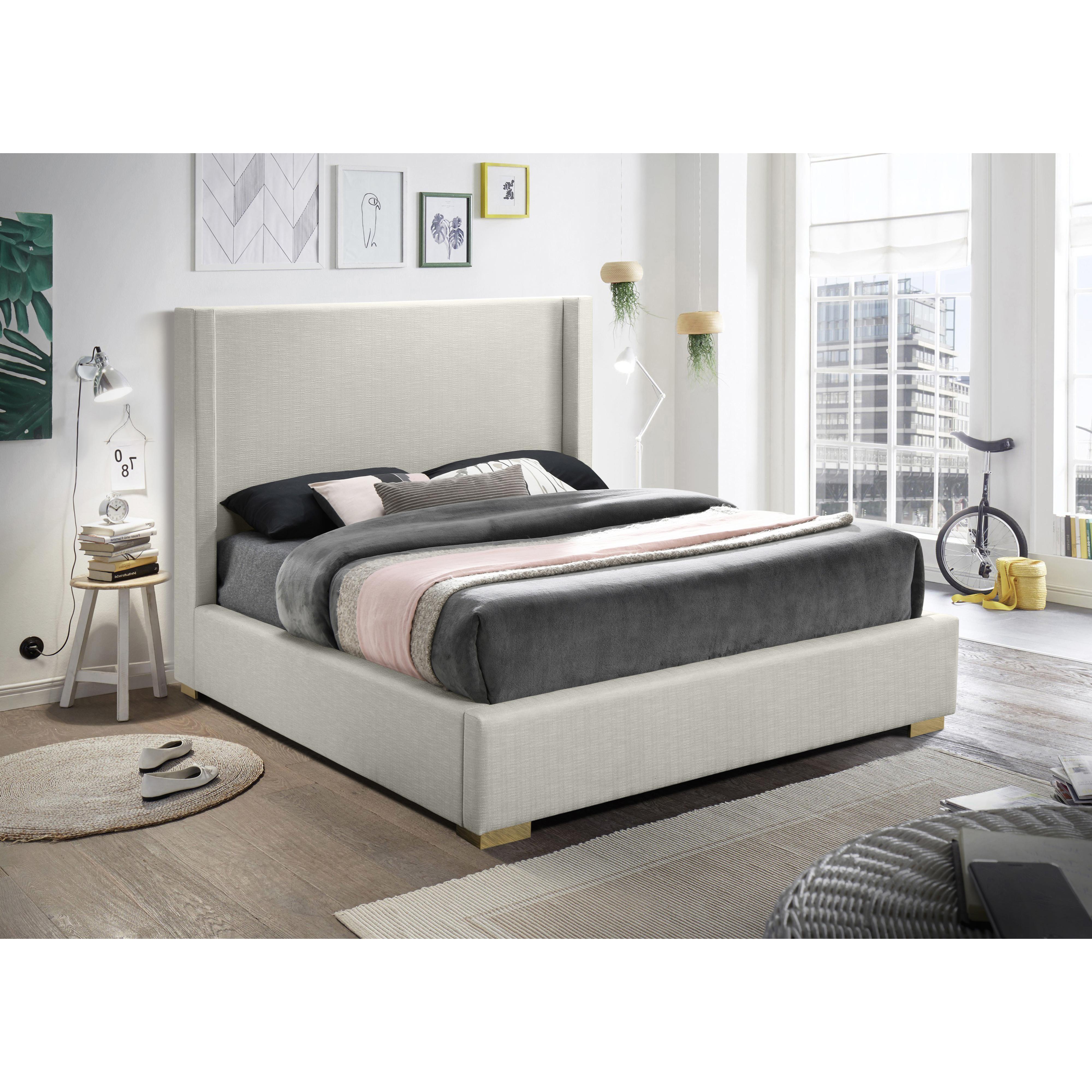 Meridian Royce Beige Linen Textured Fabric Queen Bed (3 Boxes)