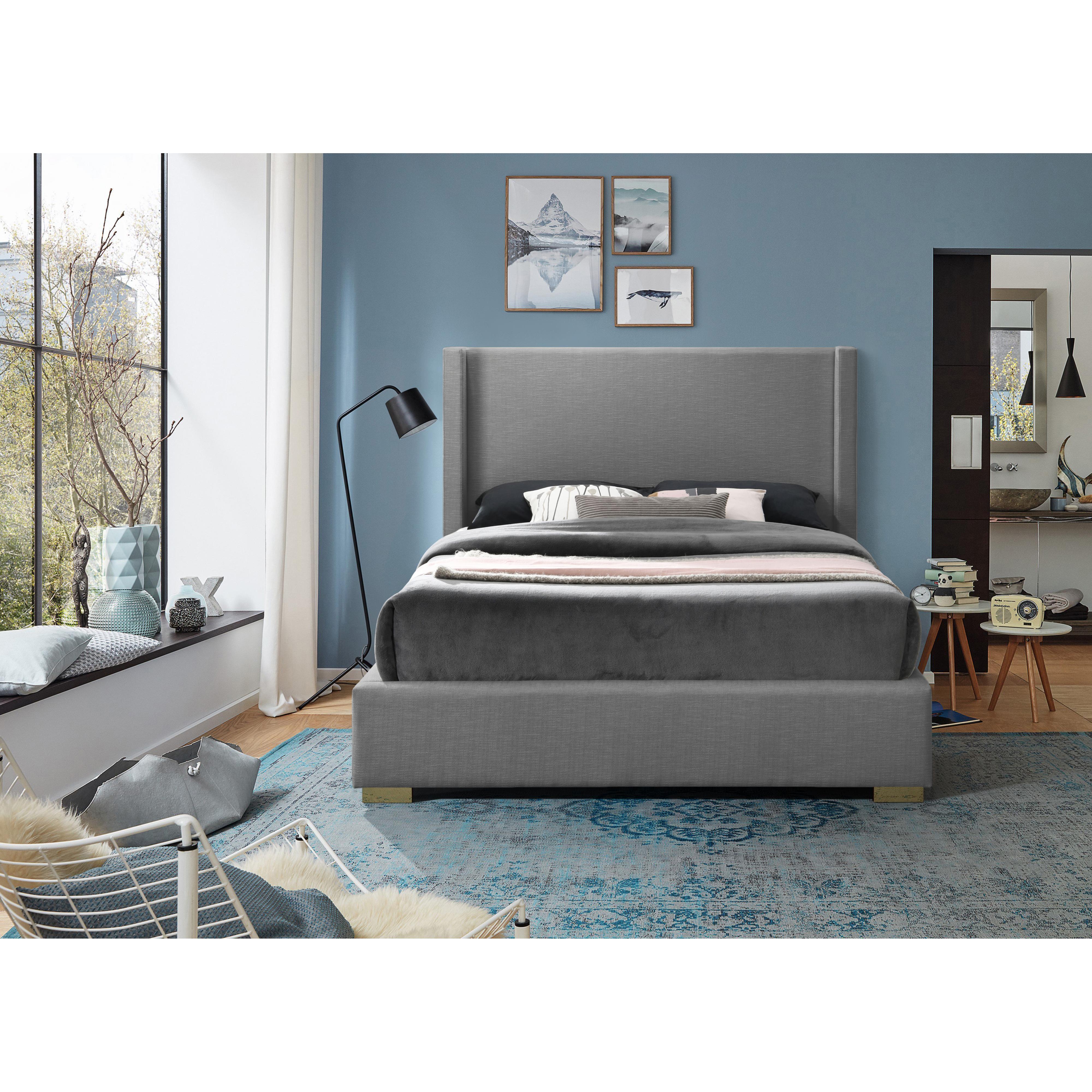 Meridian Royce Grey Linen Textured Fabric Queen Bed (3 Boxes)