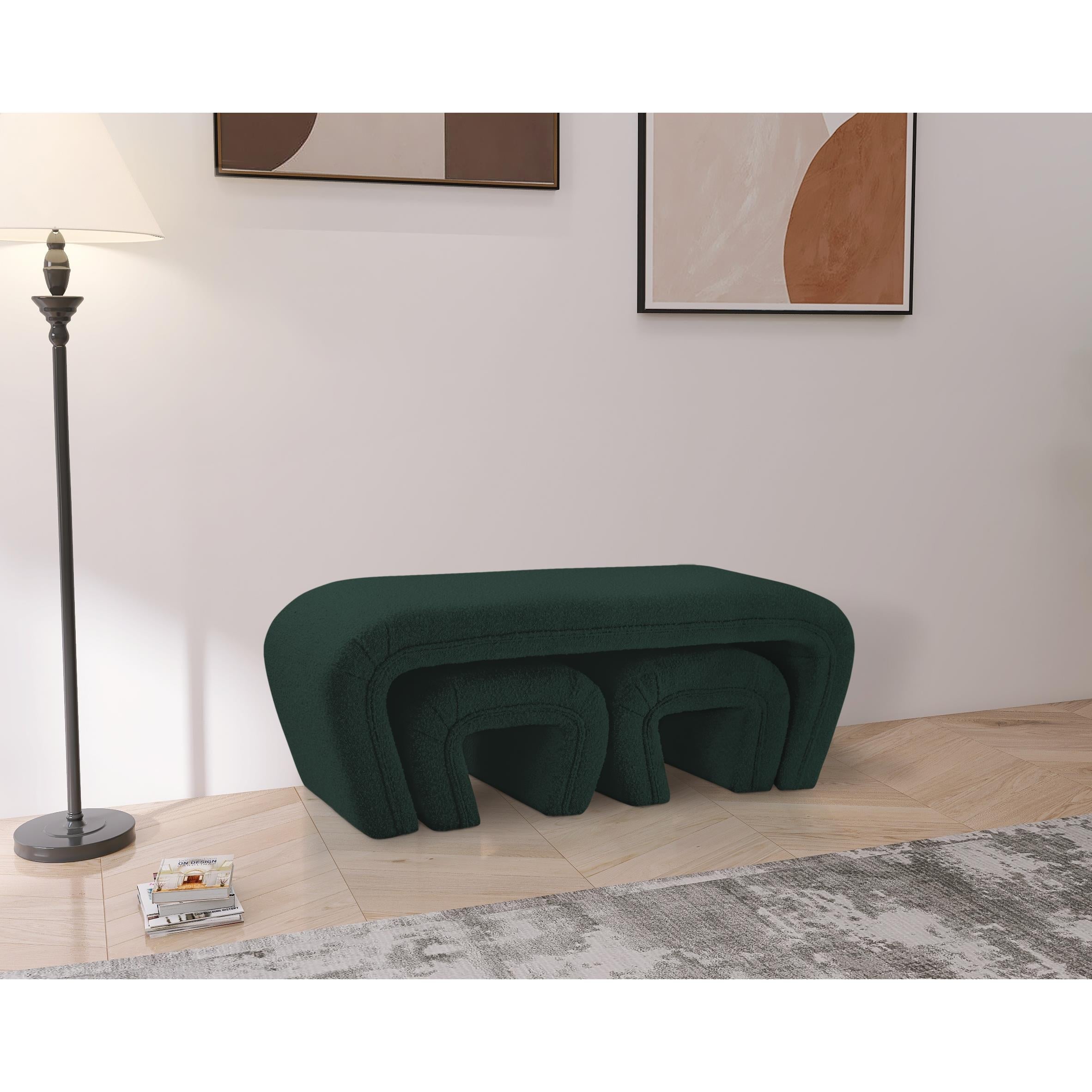 Meridian Odelia Green Boucle Fabric Bench
