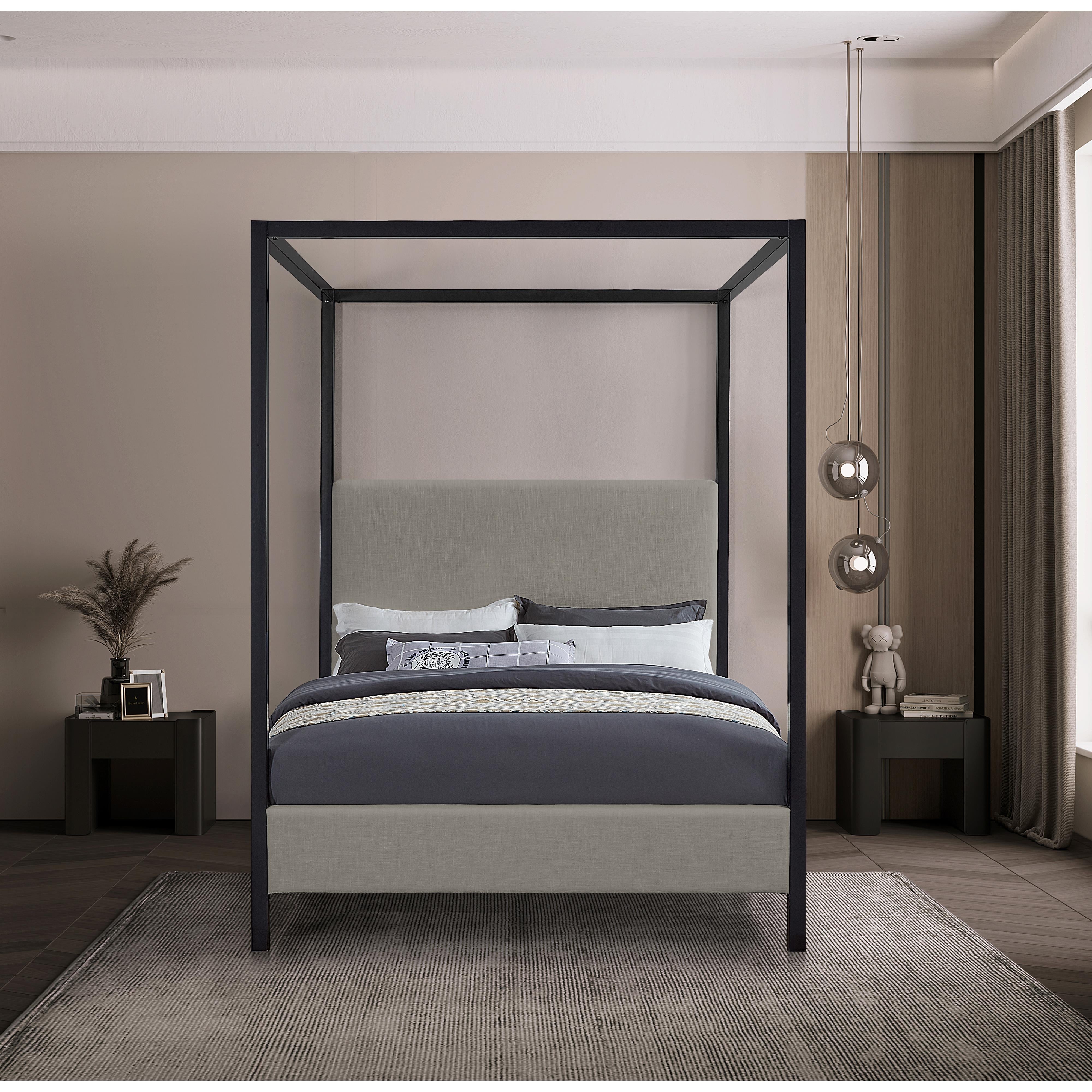 Meridian James Grey Linen Textured Fabric Queen Bed
