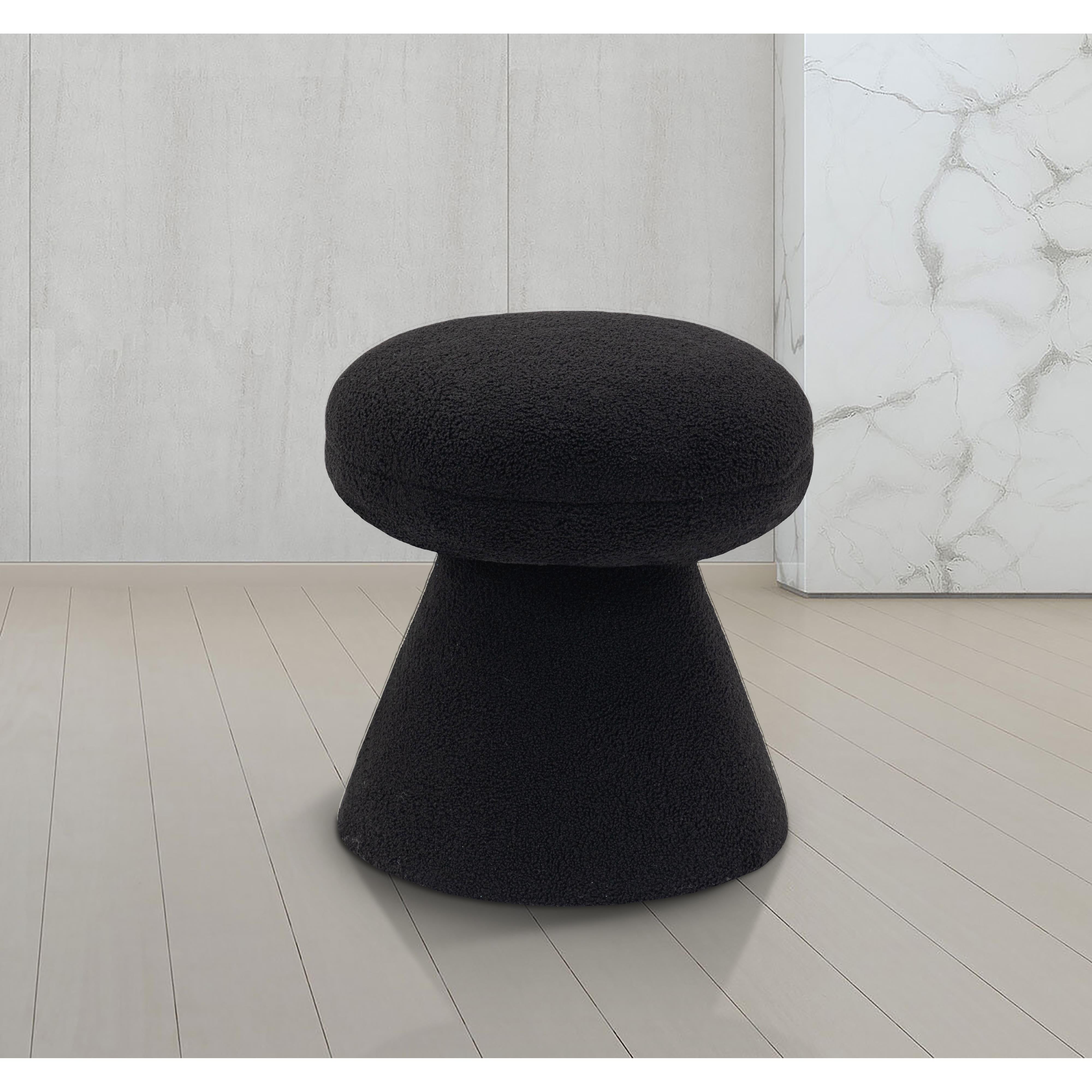 Meridian Drum Black Faux Shearling Teddy Fabric Ottoman/Stool