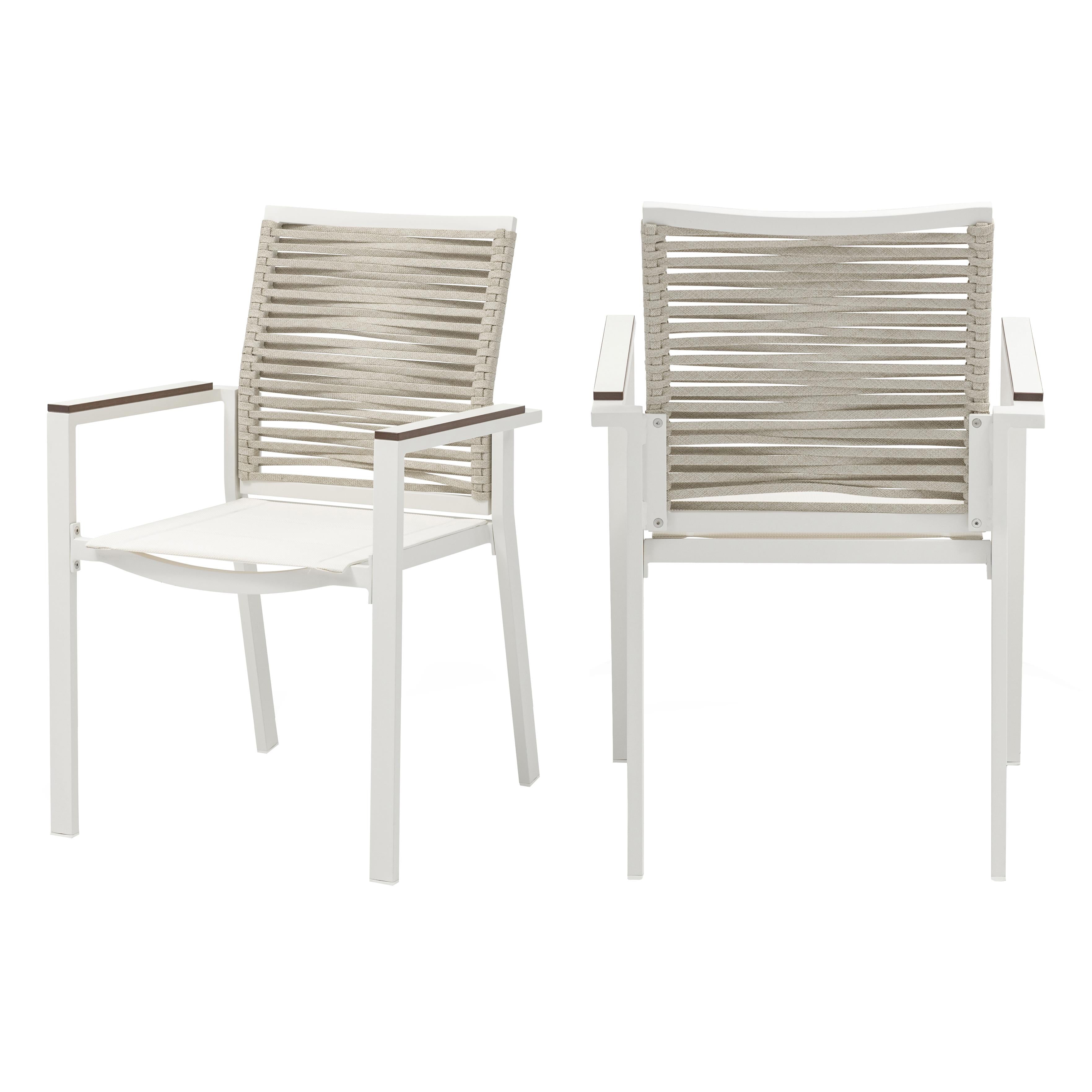 Meridian Maldives Beige Rope Fabric Outdoor Patio Dining Arm Chair