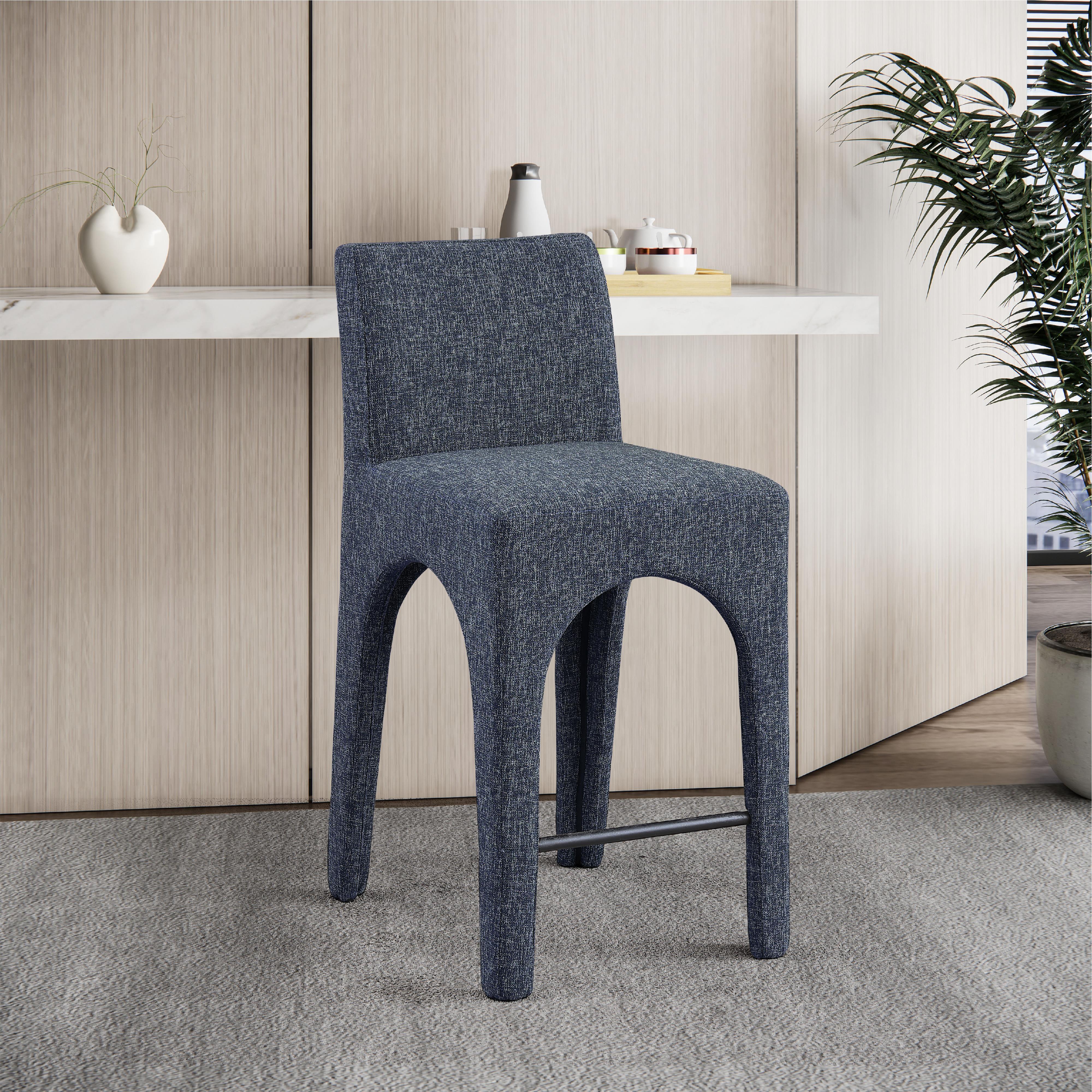Meridian Gramercy Blue Linen Textured Fabric Stool