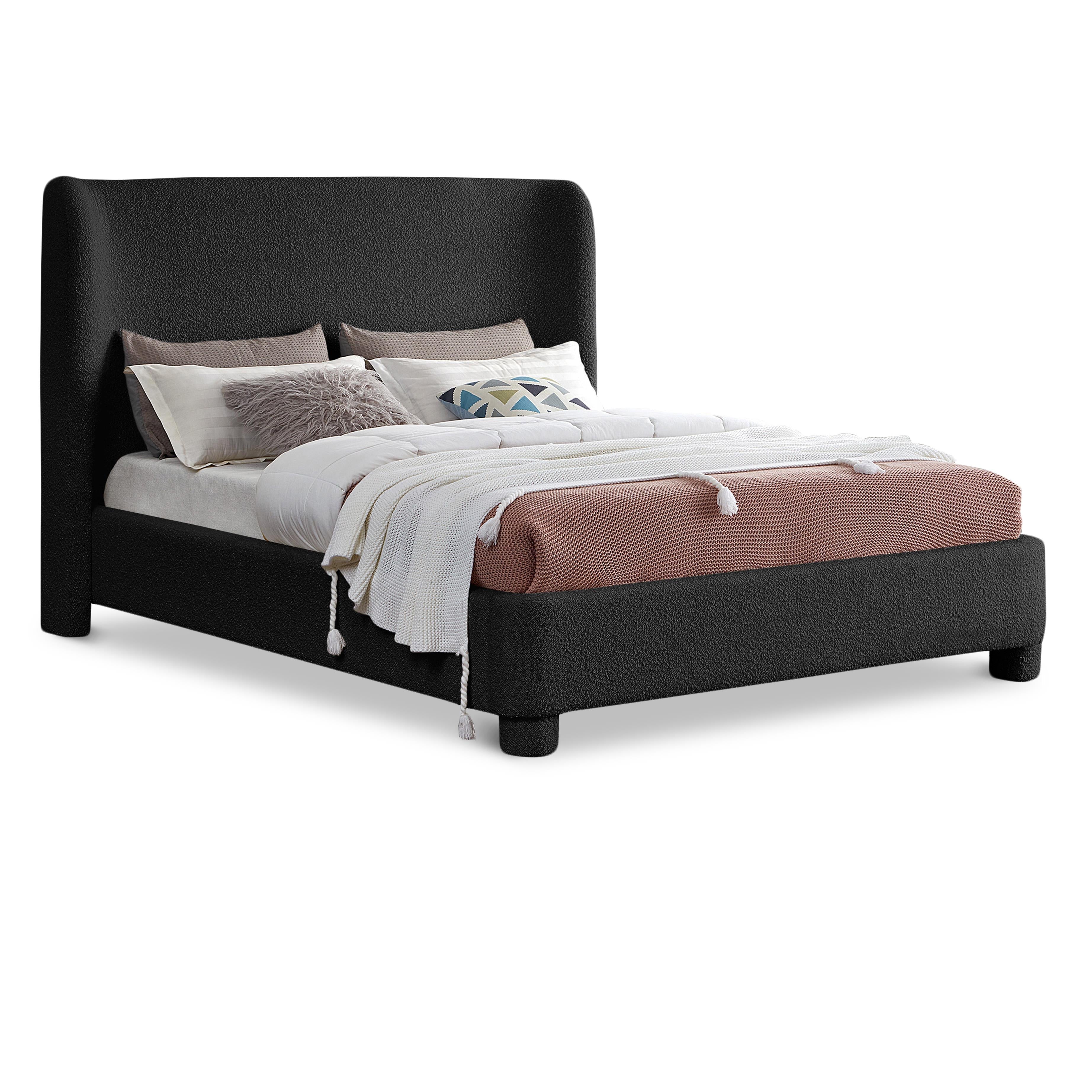 Meridian Penny Black Boucle Fabric Queen Bed