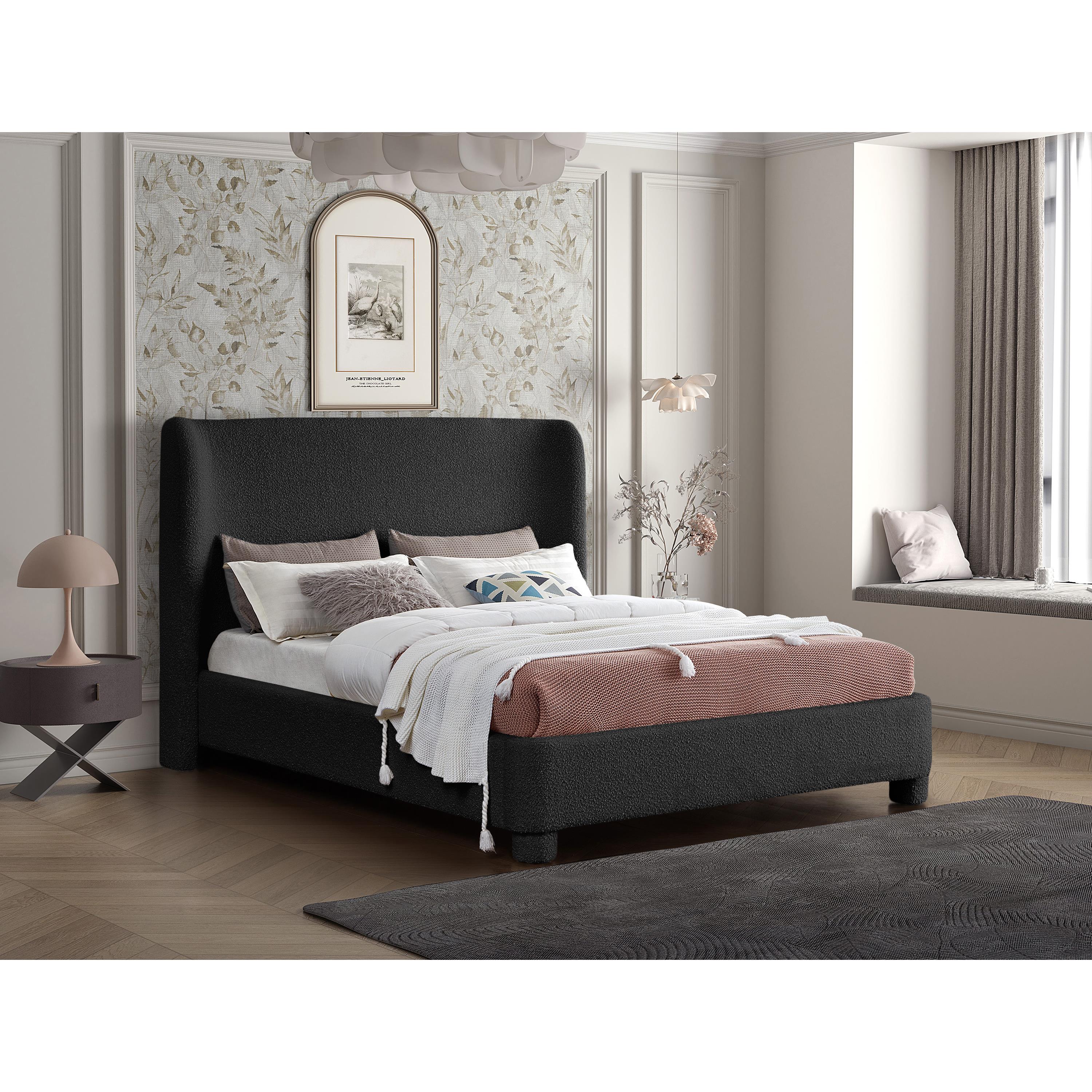 Meridian Penny Black Boucle Fabric Queen Bed