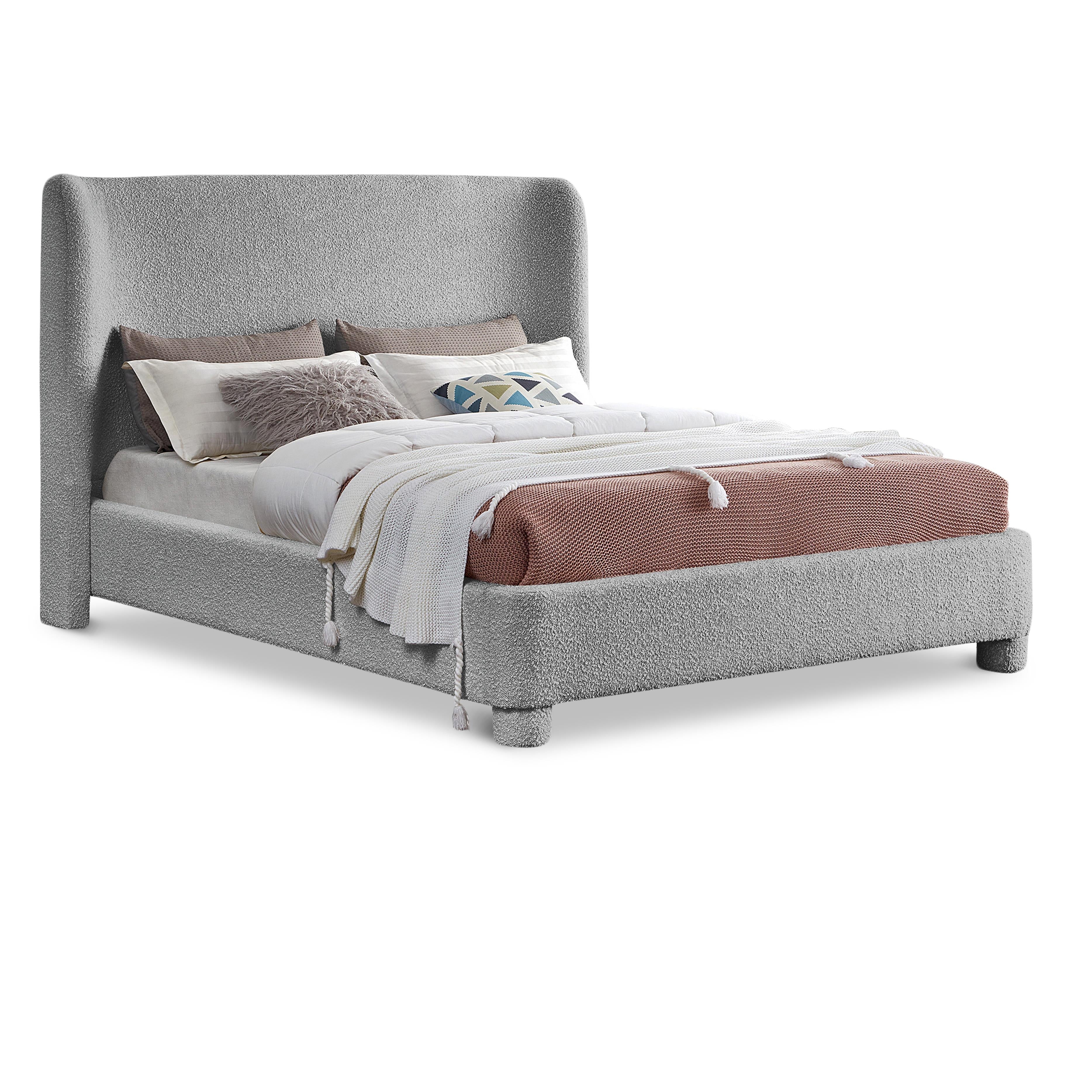 Meridian Penny Grey Boucle Fabric Queen Bed