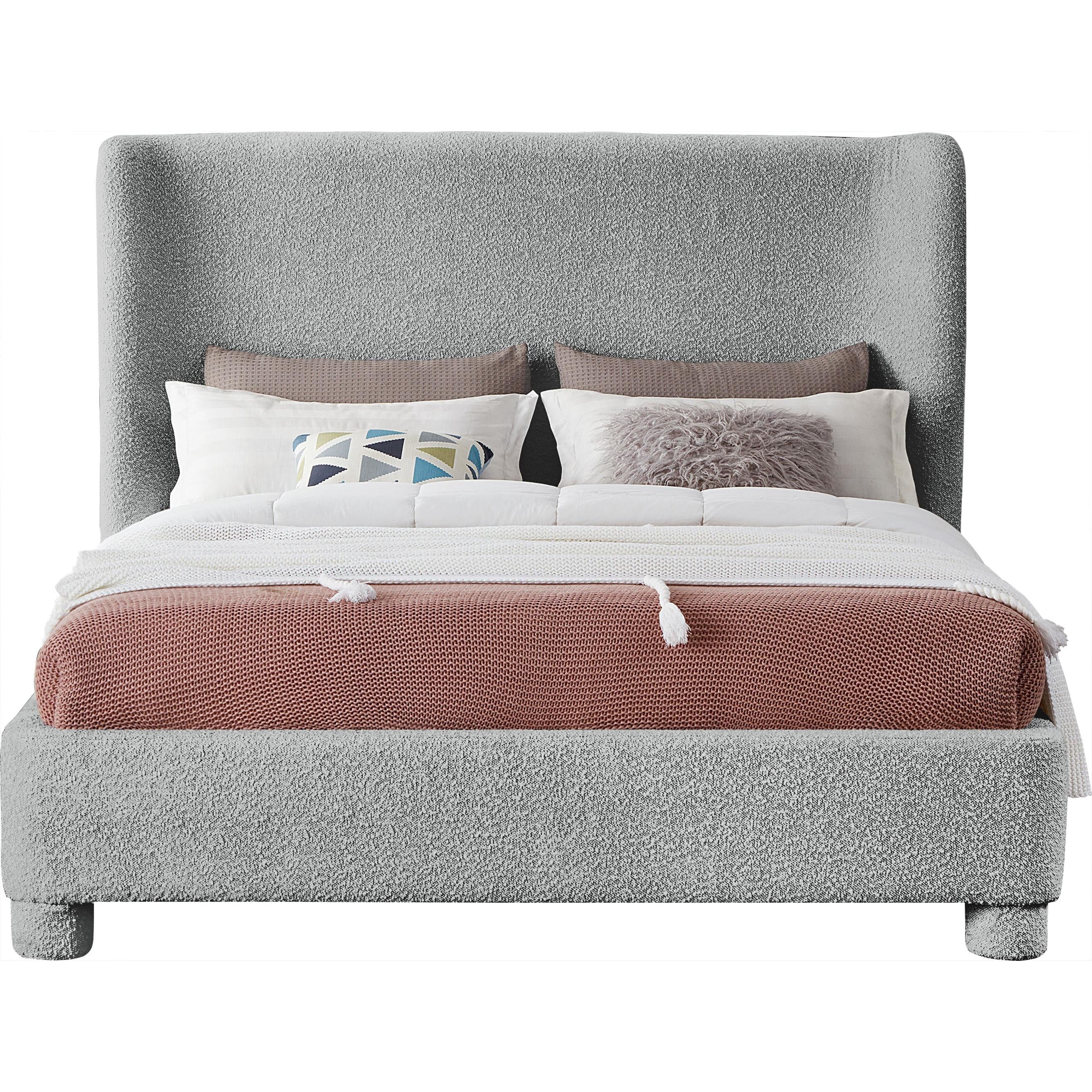 Meridian Penny Grey Boucle Fabric Queen Bed