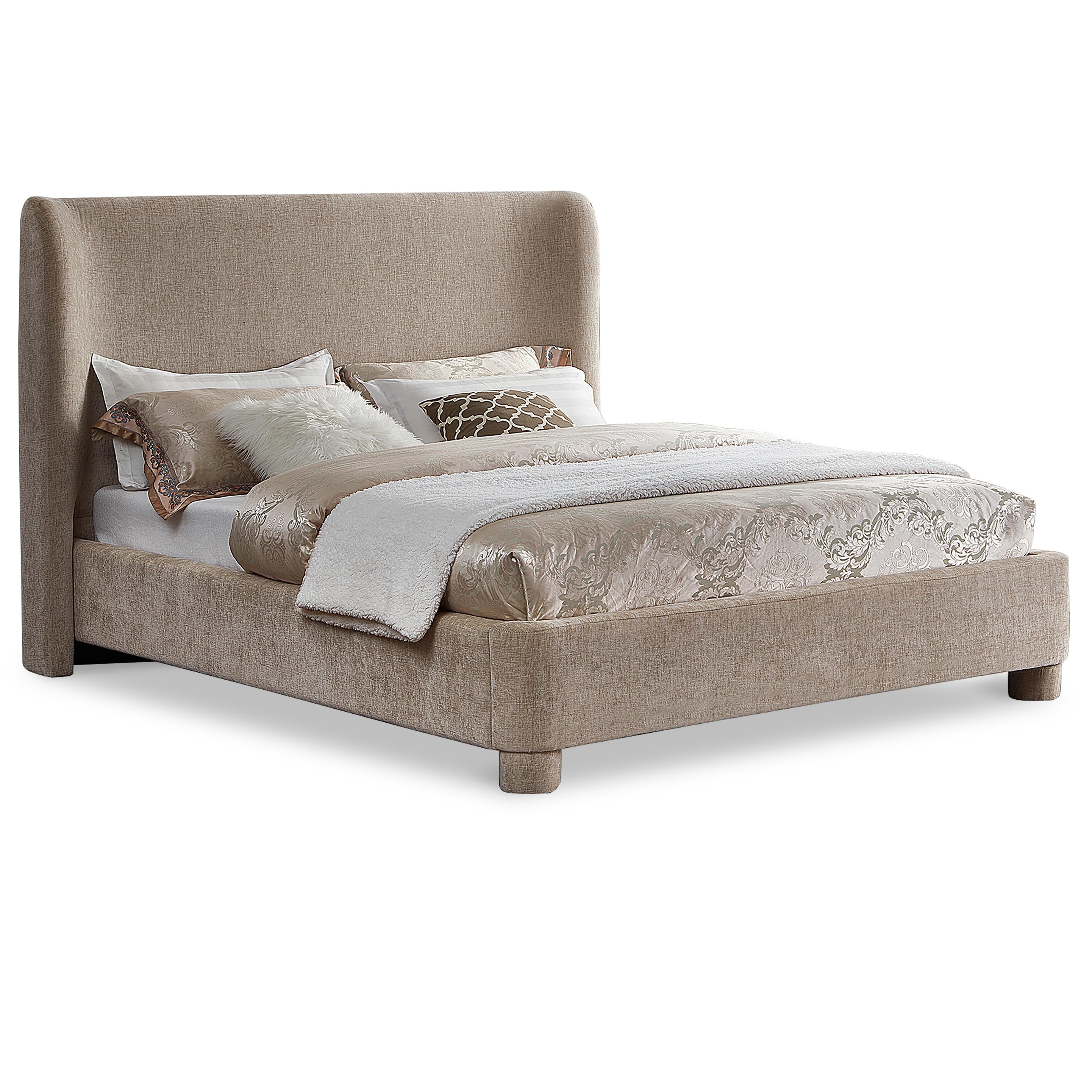 Meridian Penny Beige Chenille Fabric Queen Bed