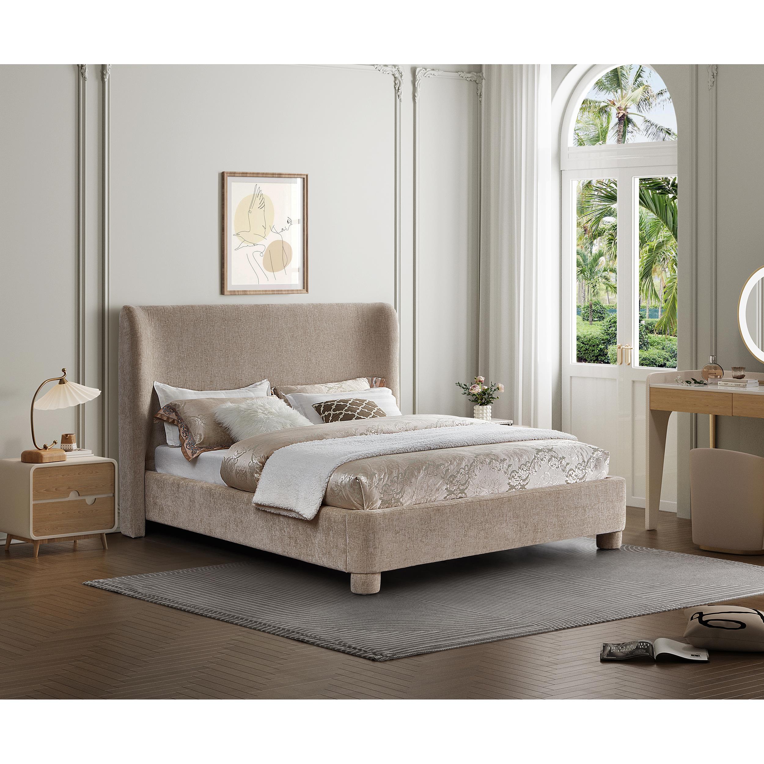 Meridian Penny Beige Chenille Fabric Queen Bed