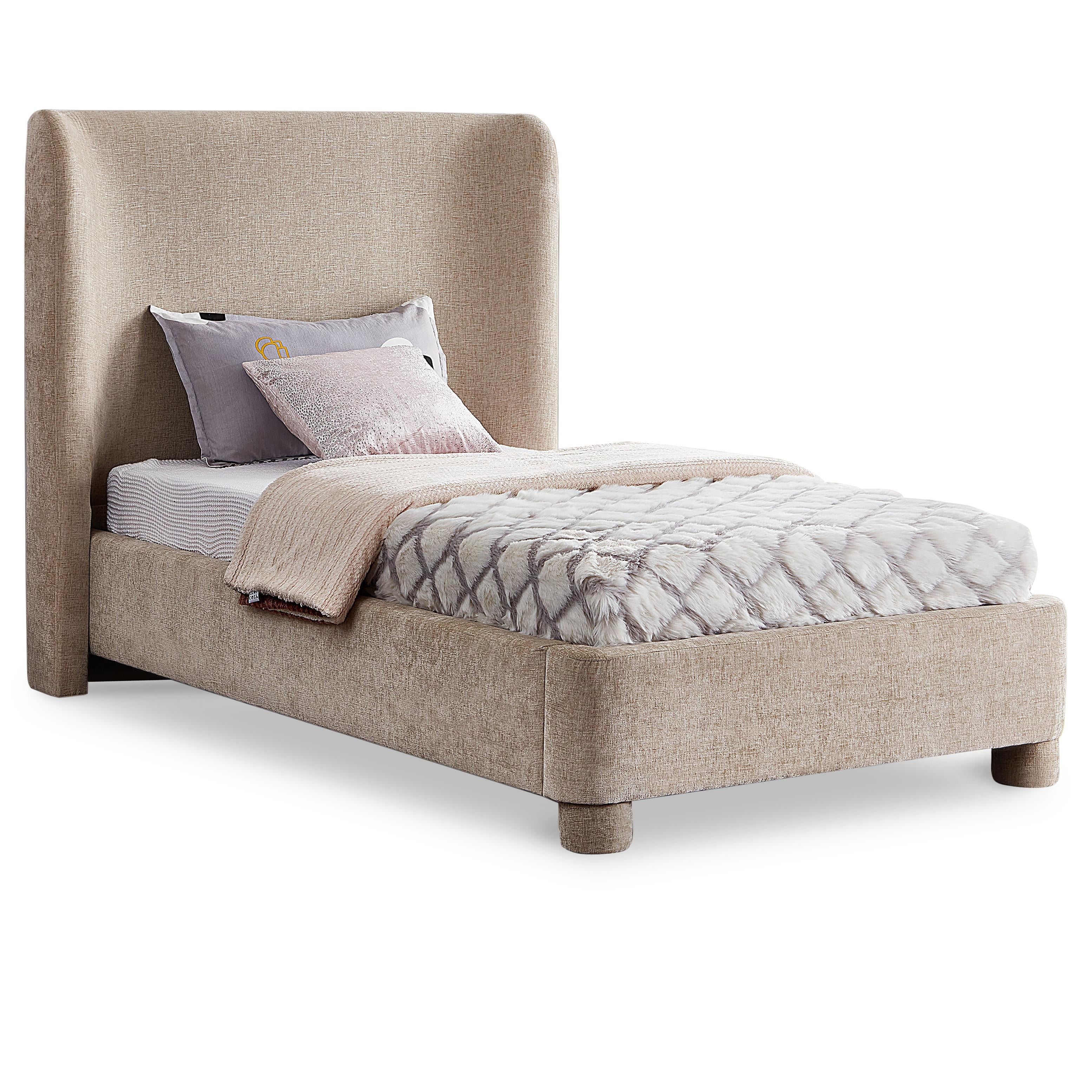 Meridian Penny Beige Chenille Fabric Twin Bed