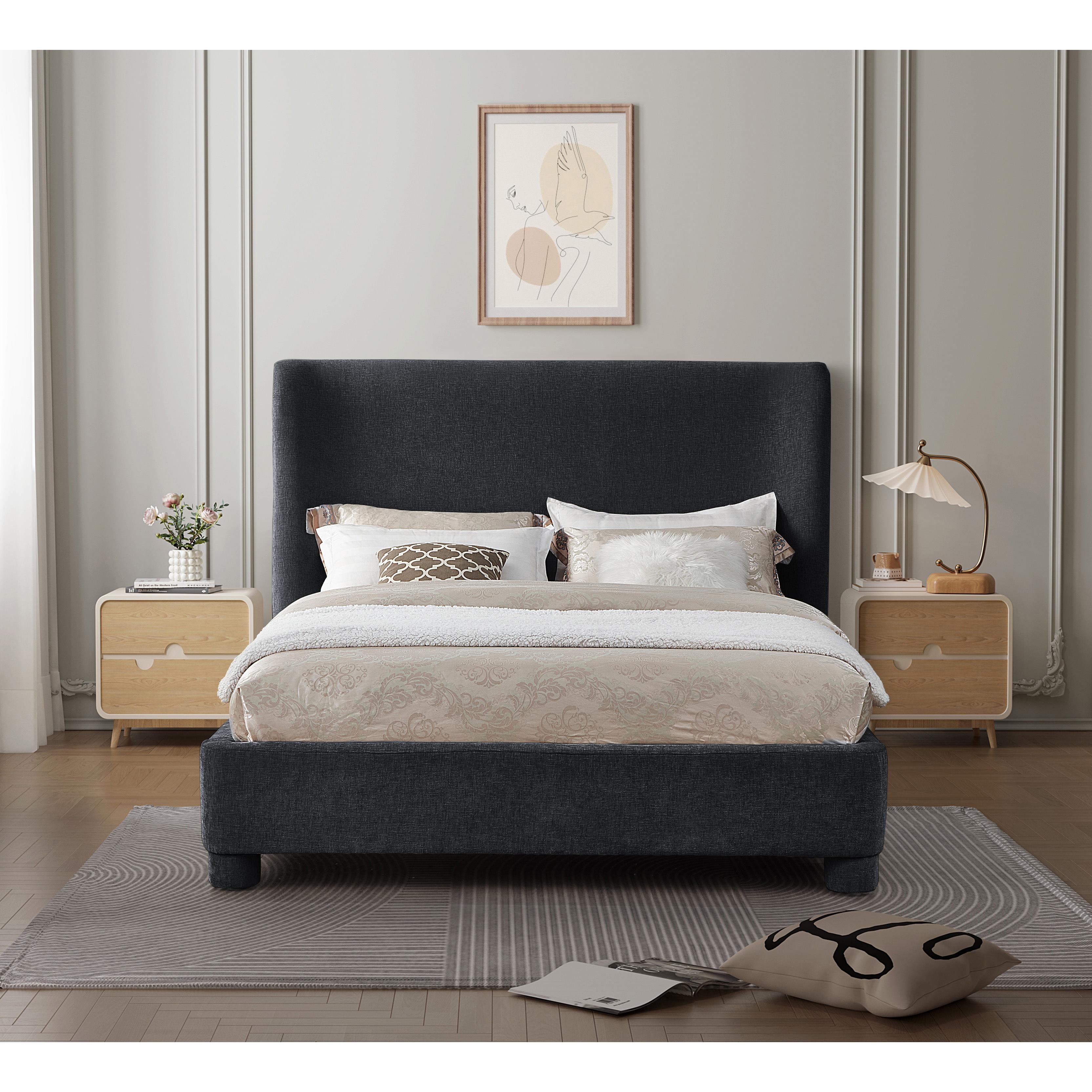 Meridian Penny Black Chenille Fabric Queen Bed
