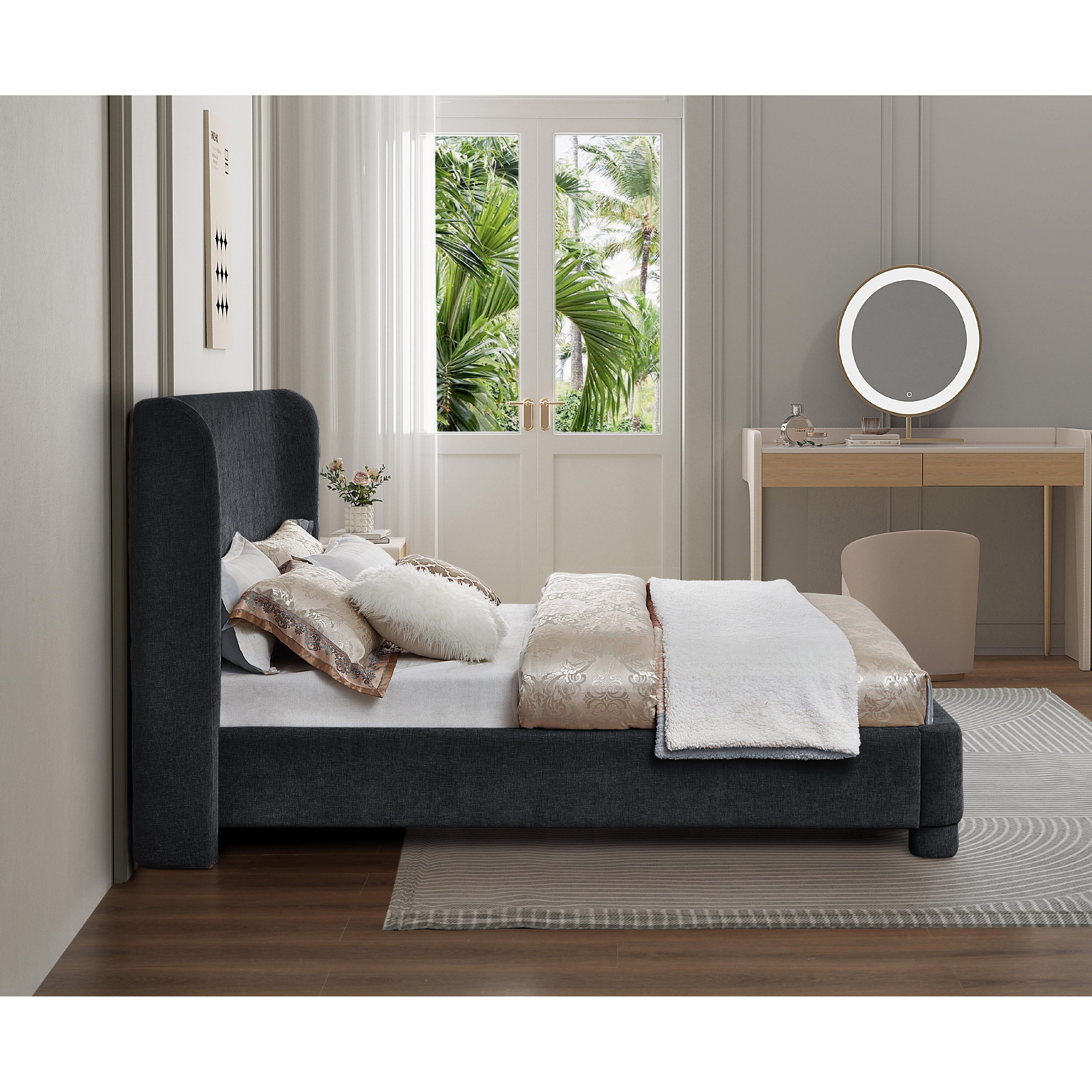 Meridian Penny Black Chenille Fabric Queen Bed