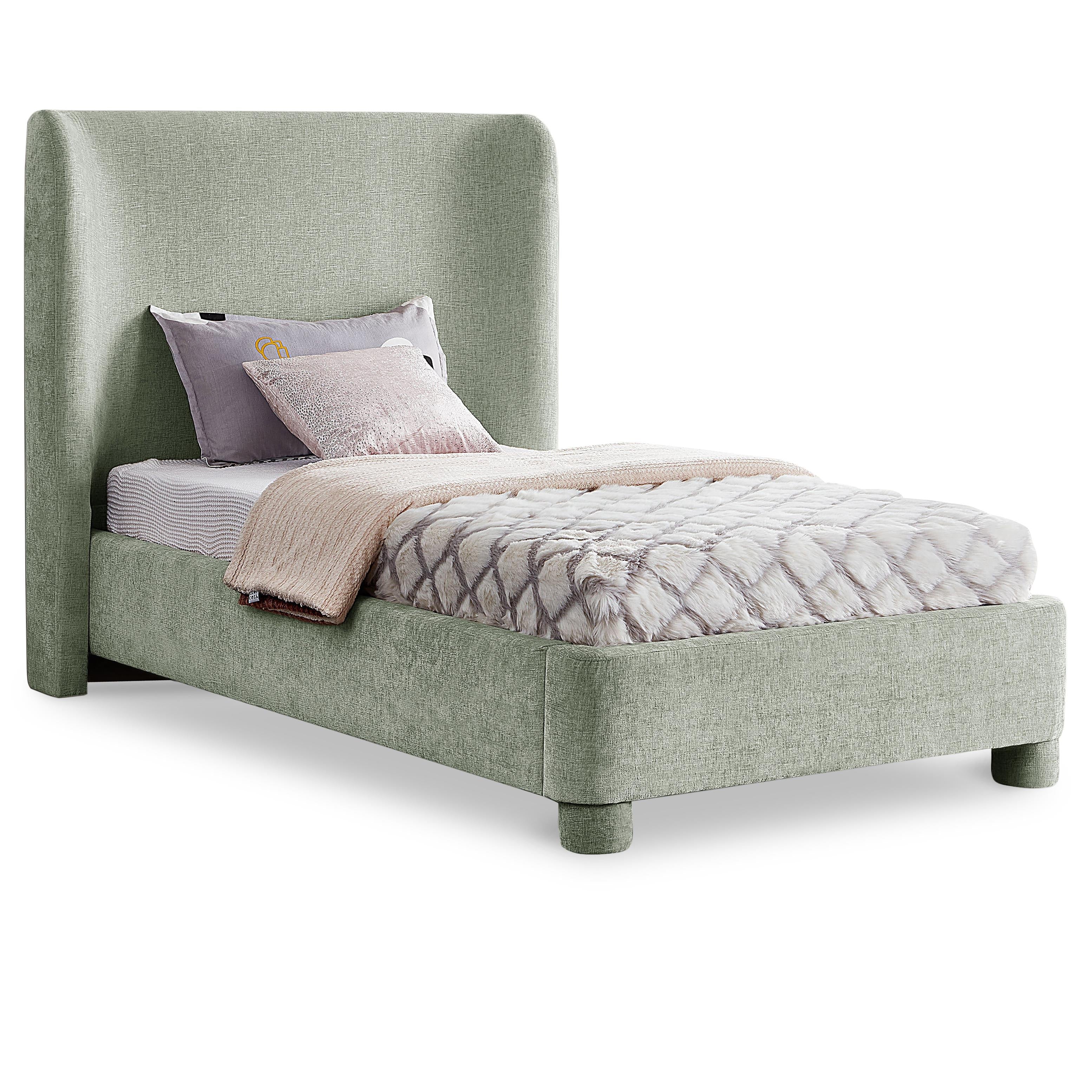 Meridian Penny Mint Green Chenille Fabric Twin Bed