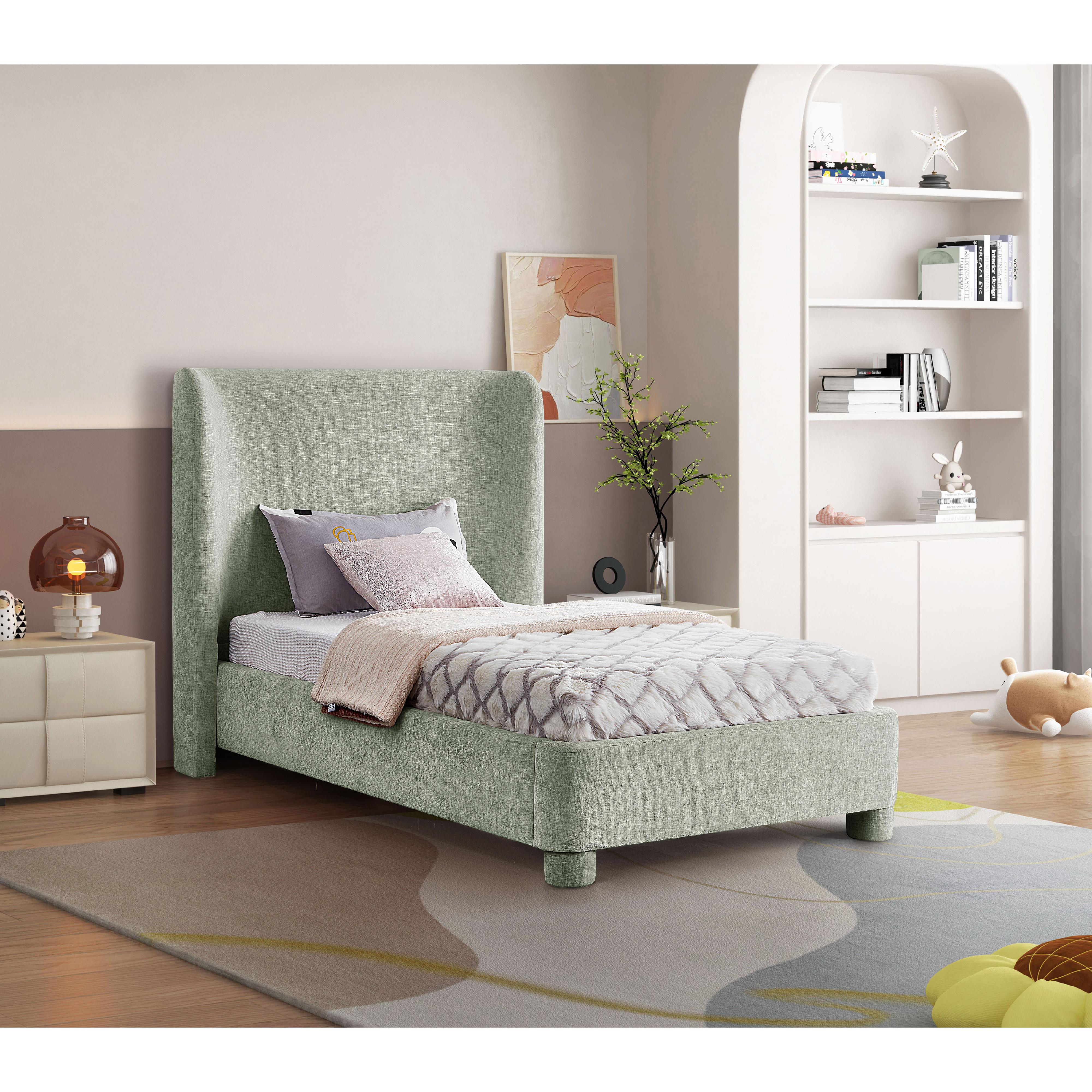 Meridian Penny Mint Green Chenille Fabric Twin Bed