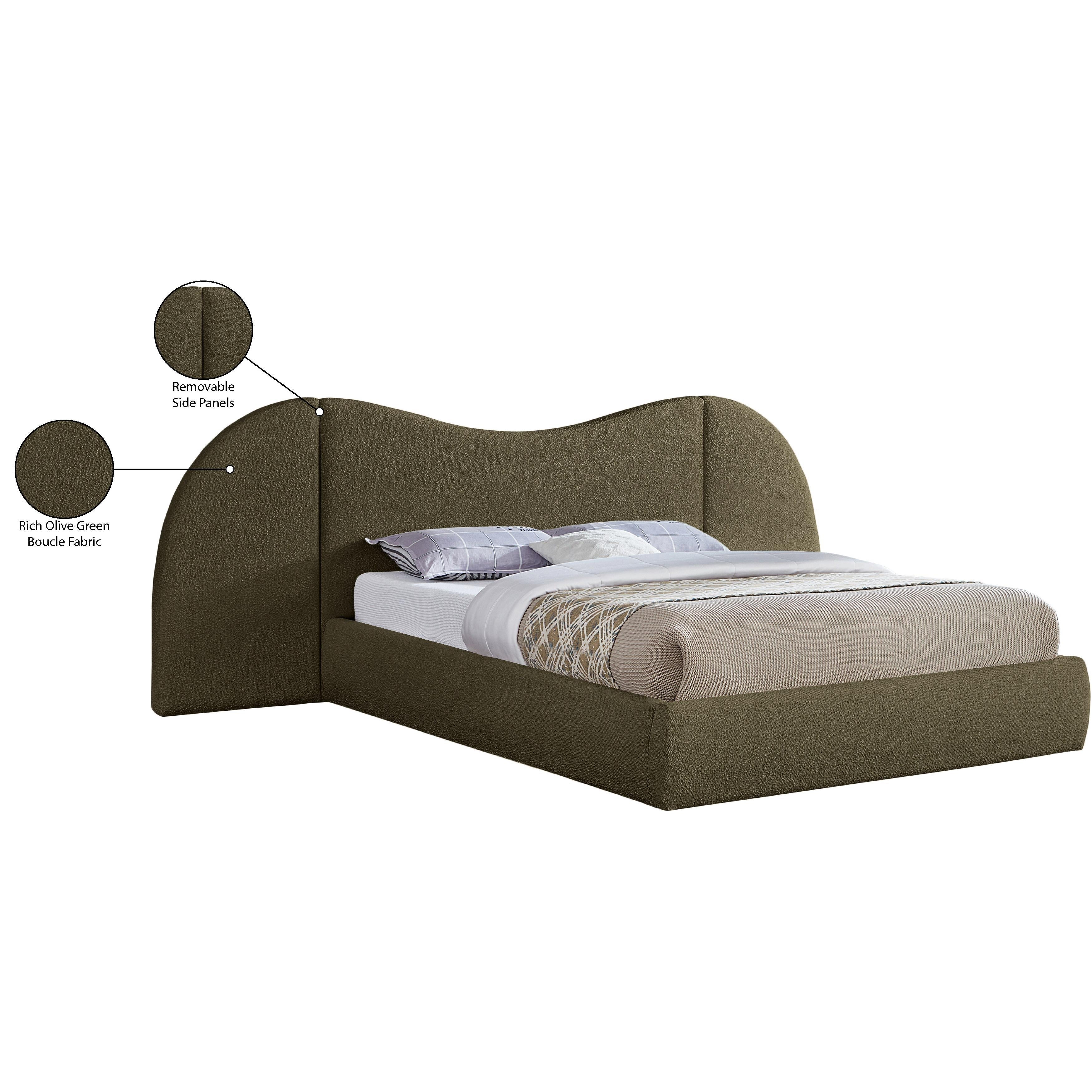 Meridian Everest Olive Green Boucle Fabric King Bed (3 Boxes)