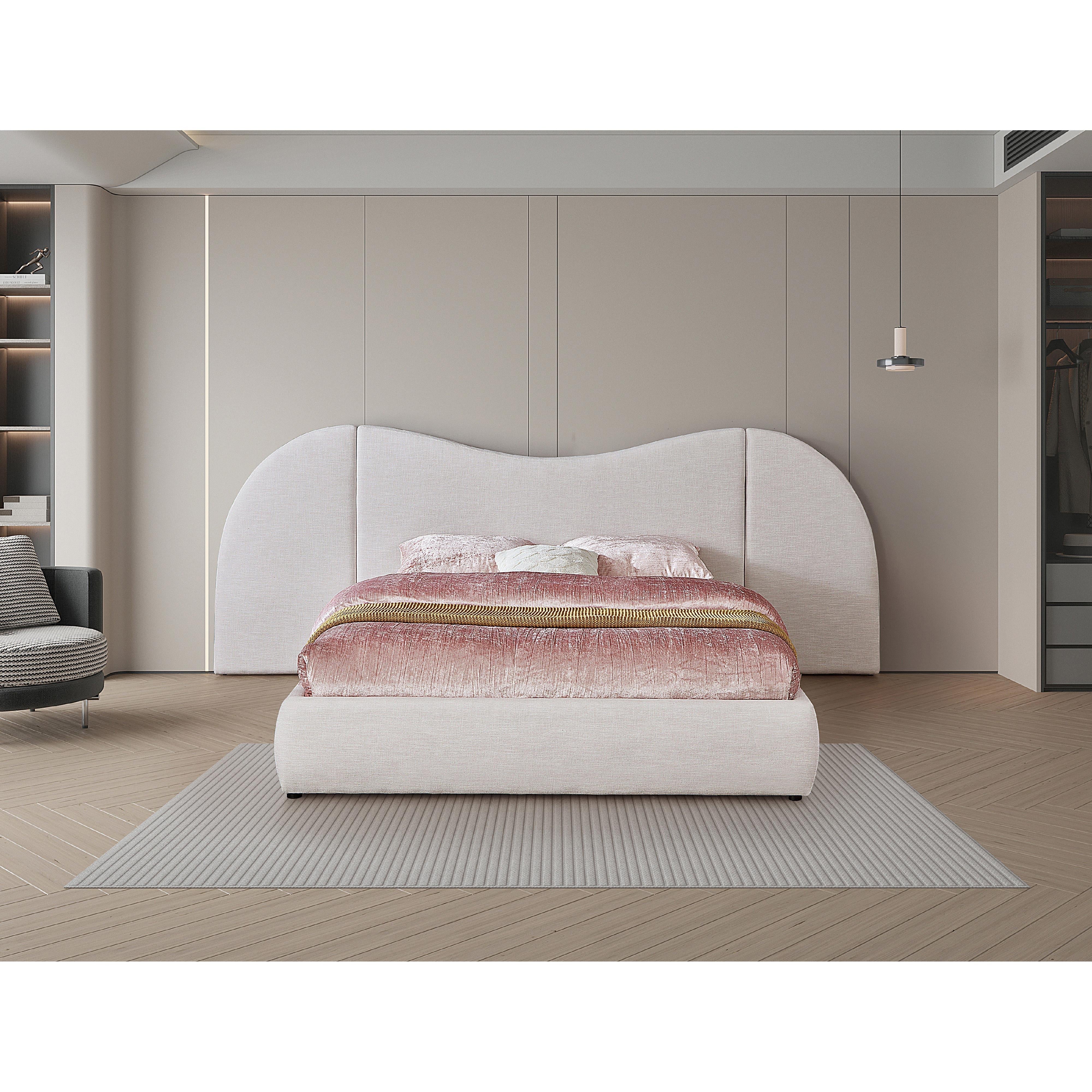 Meridian Everest Cream Linen Textured Fabric Queen Bed (3 Boxes)