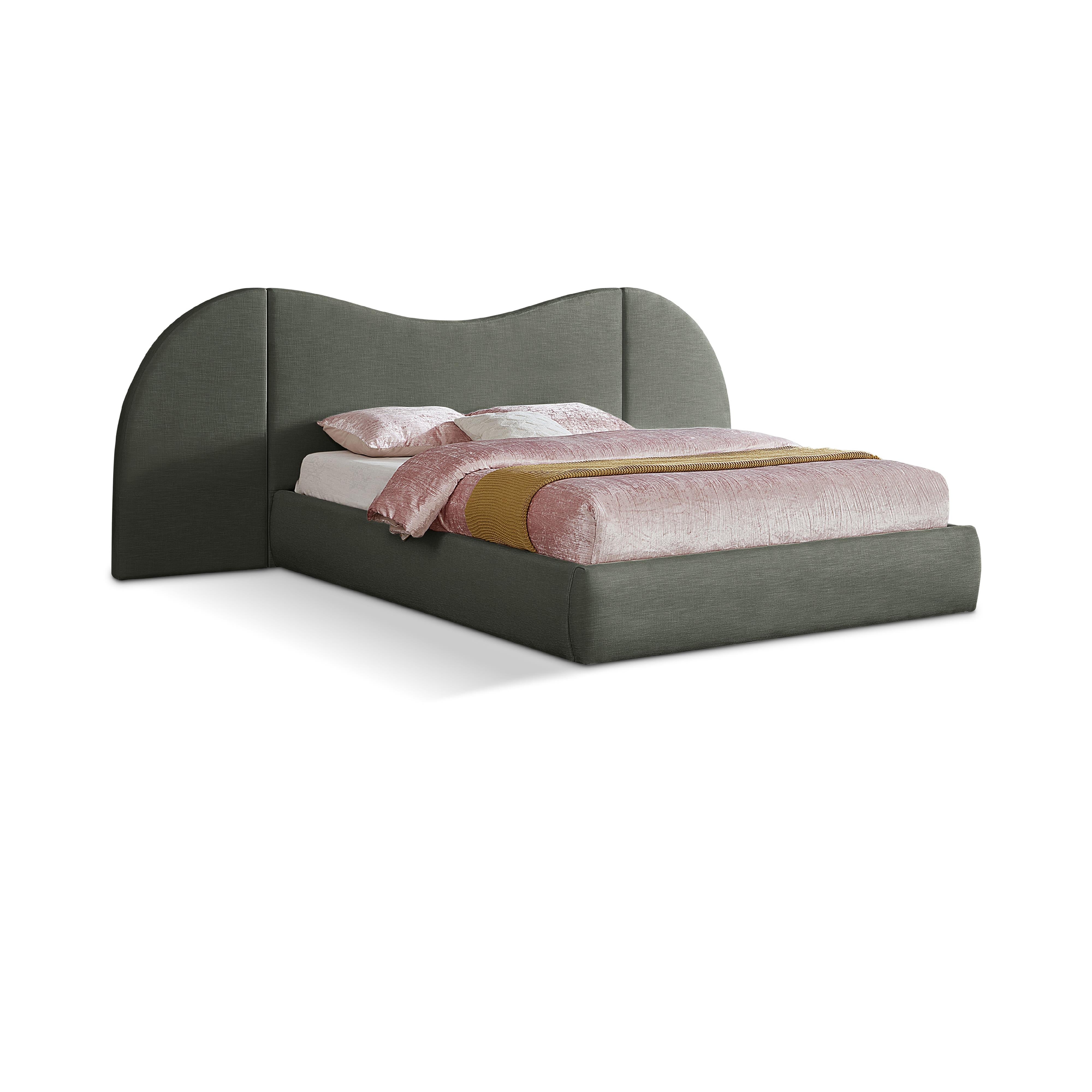 Meridian Everest Olive Green Linen Textured Fabric Queen Bed (3 Boxes)