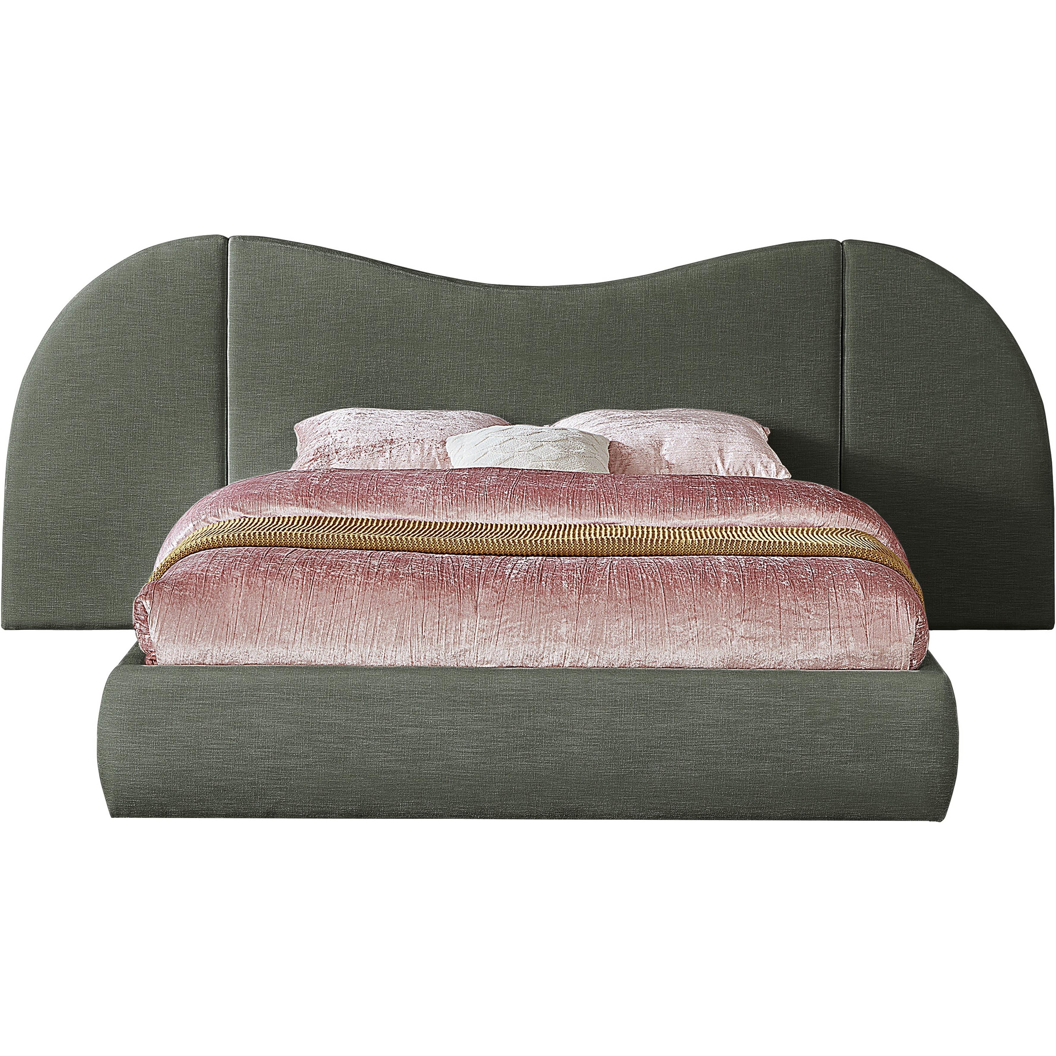 Meridian Everest Olive Green Linen Textured Fabric Queen Bed (3 Boxes)