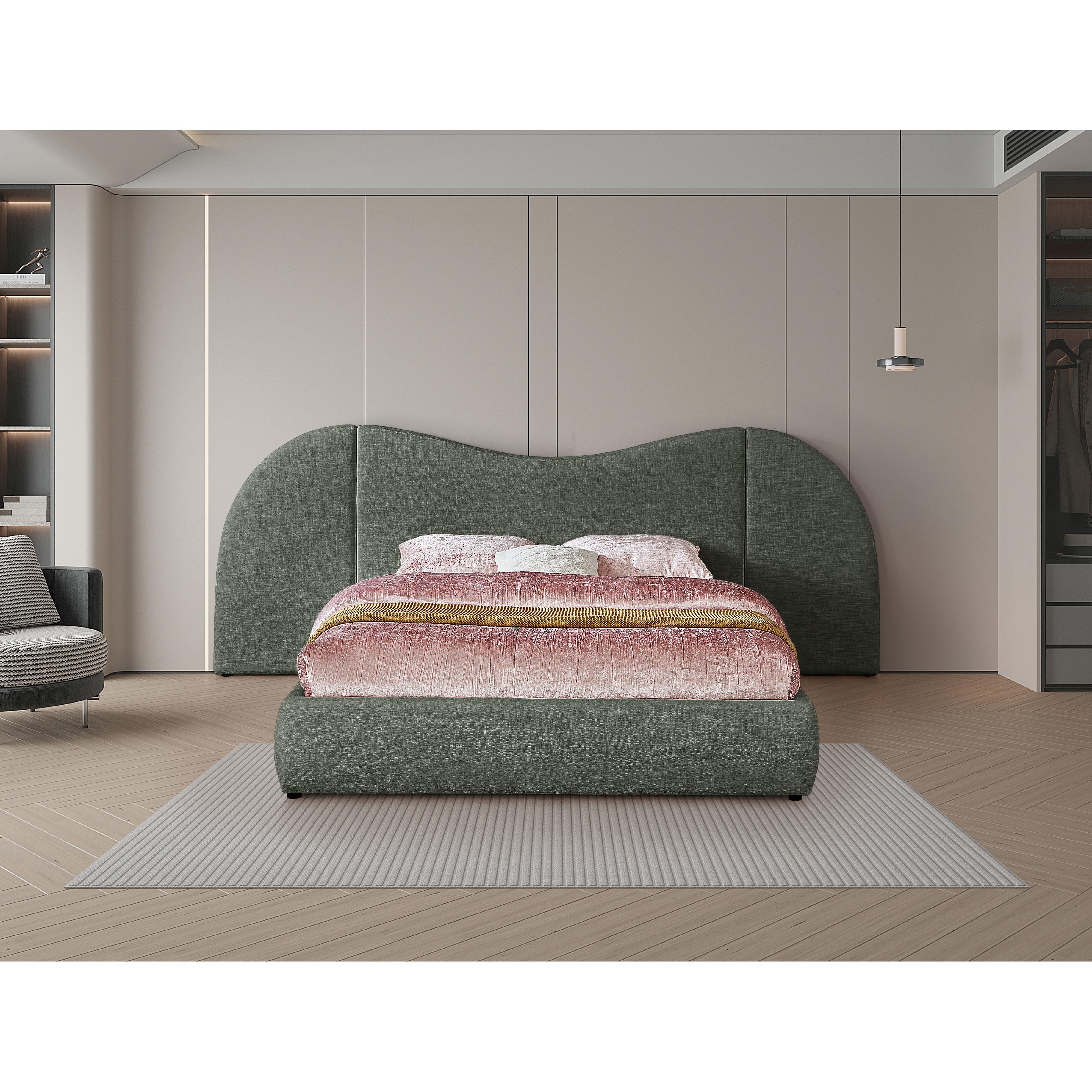 Meridian Everest Olive Green Linen Textured Fabric Queen Bed (3 Boxes)