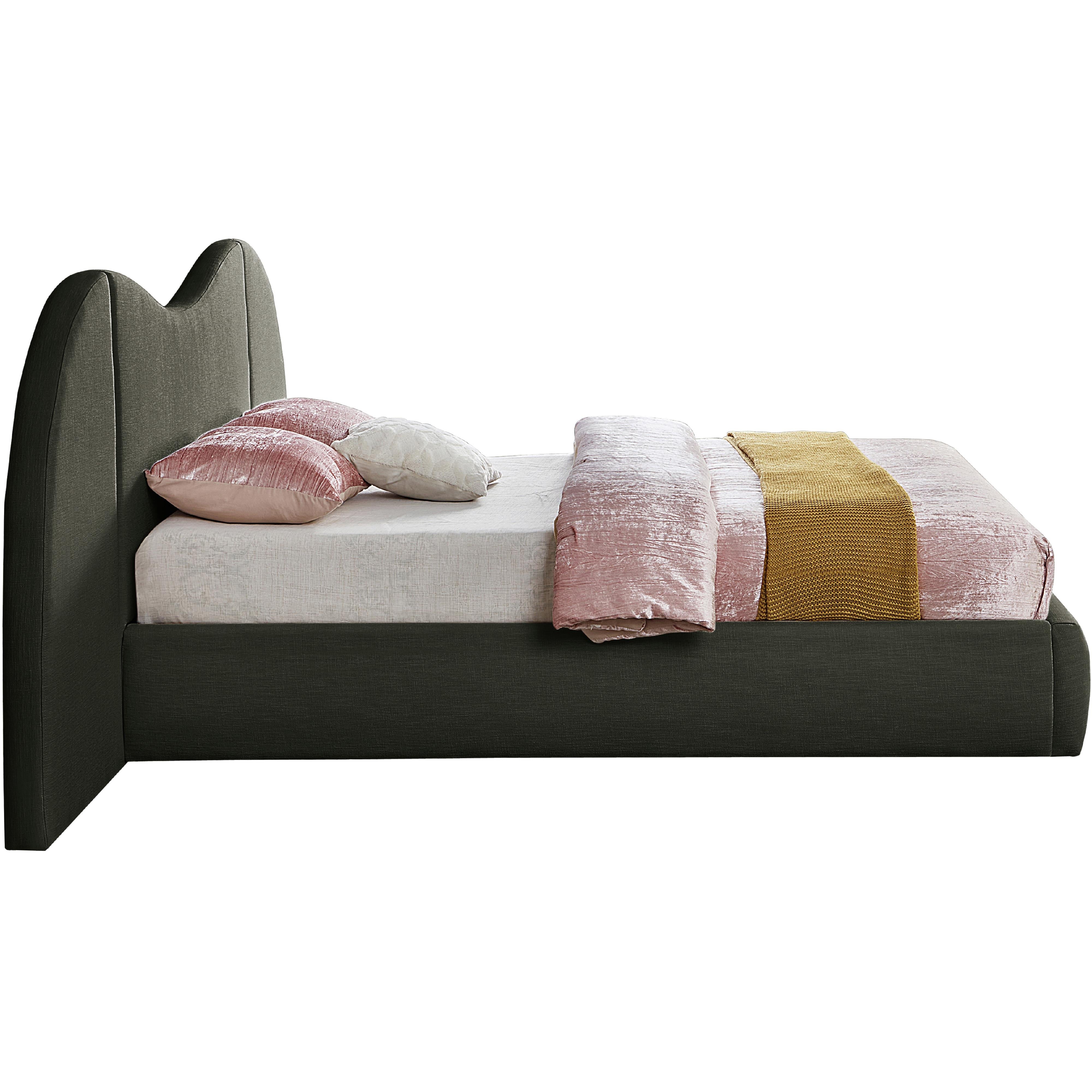 Meridian Everest Olive Green Linen Textured Fabric Queen Bed (3 Boxes)