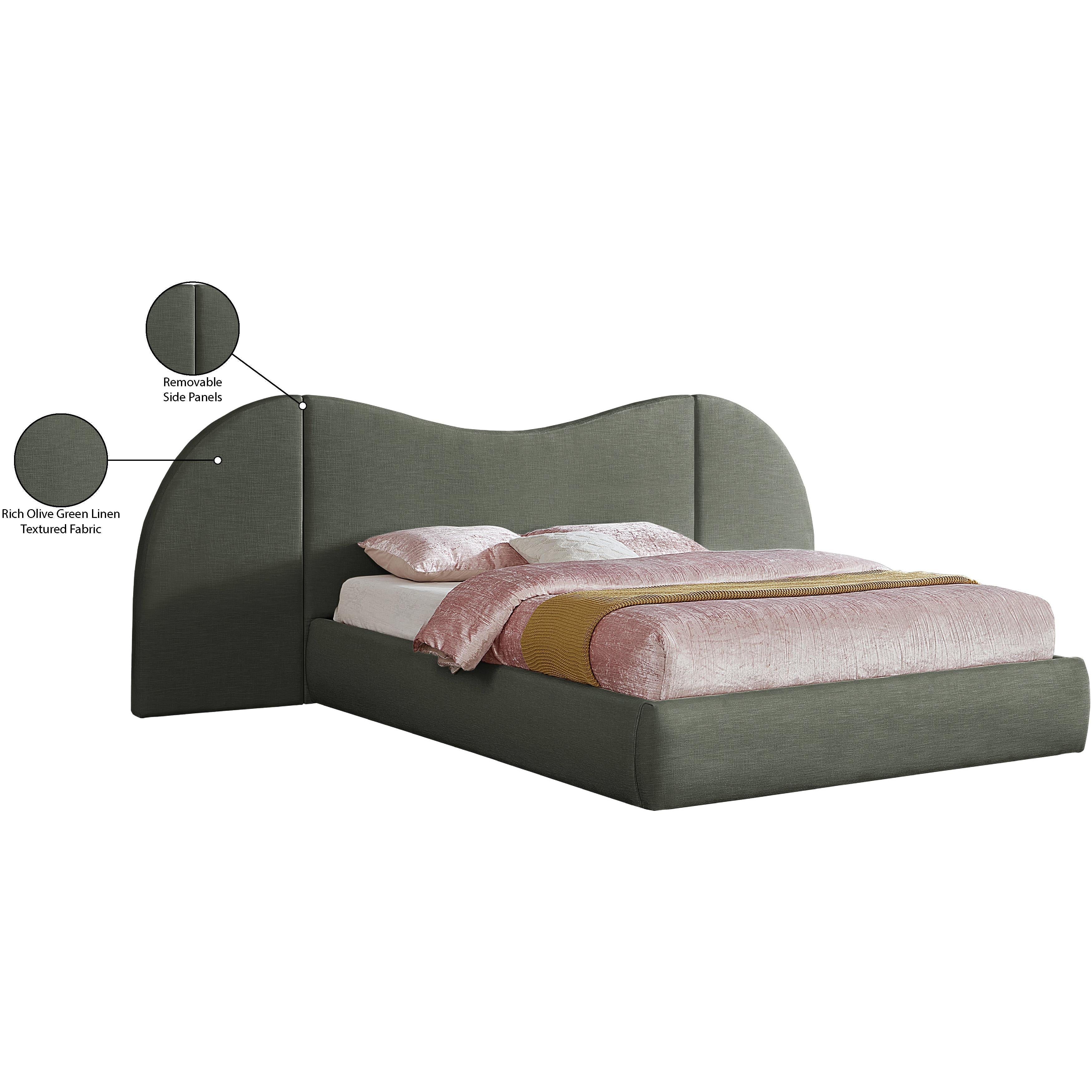 Meridian Everest Olive Green Linen Textured Fabric Queen Bed (3 Boxes)