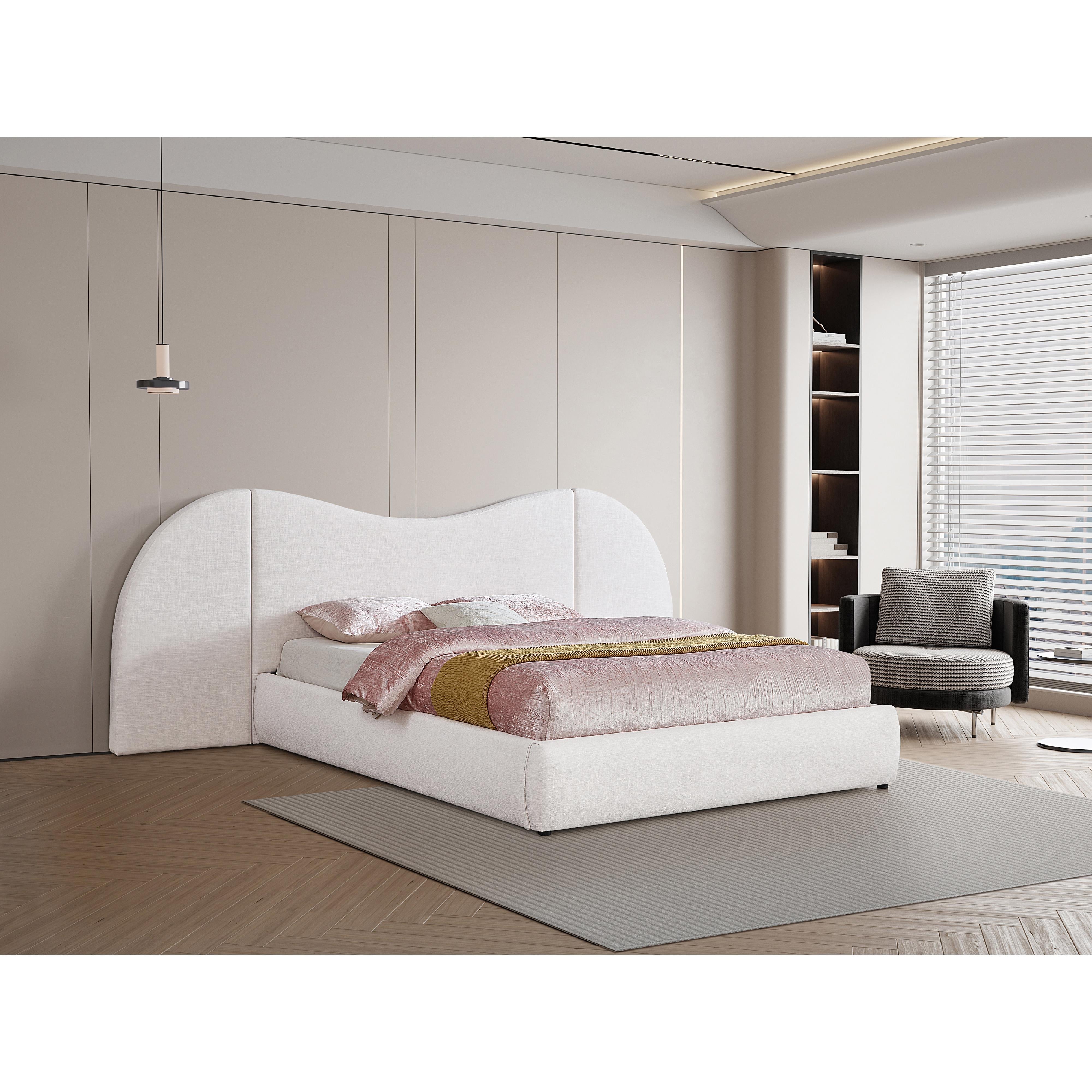 Meridian Everest White Linen Textured Fabric King Bed (3 Boxes)