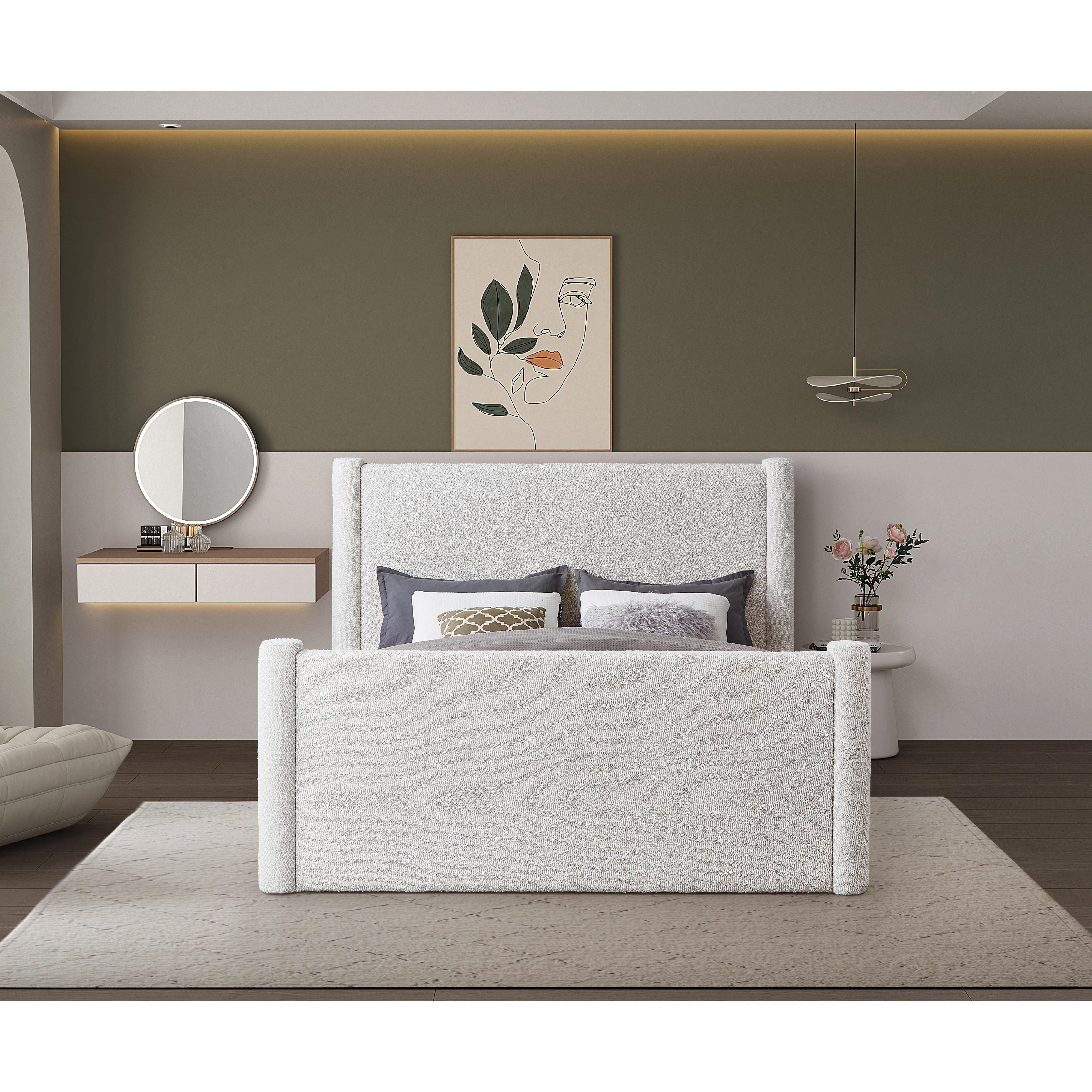 Meridian Elias Cream Boucle Fabric Queen Bed