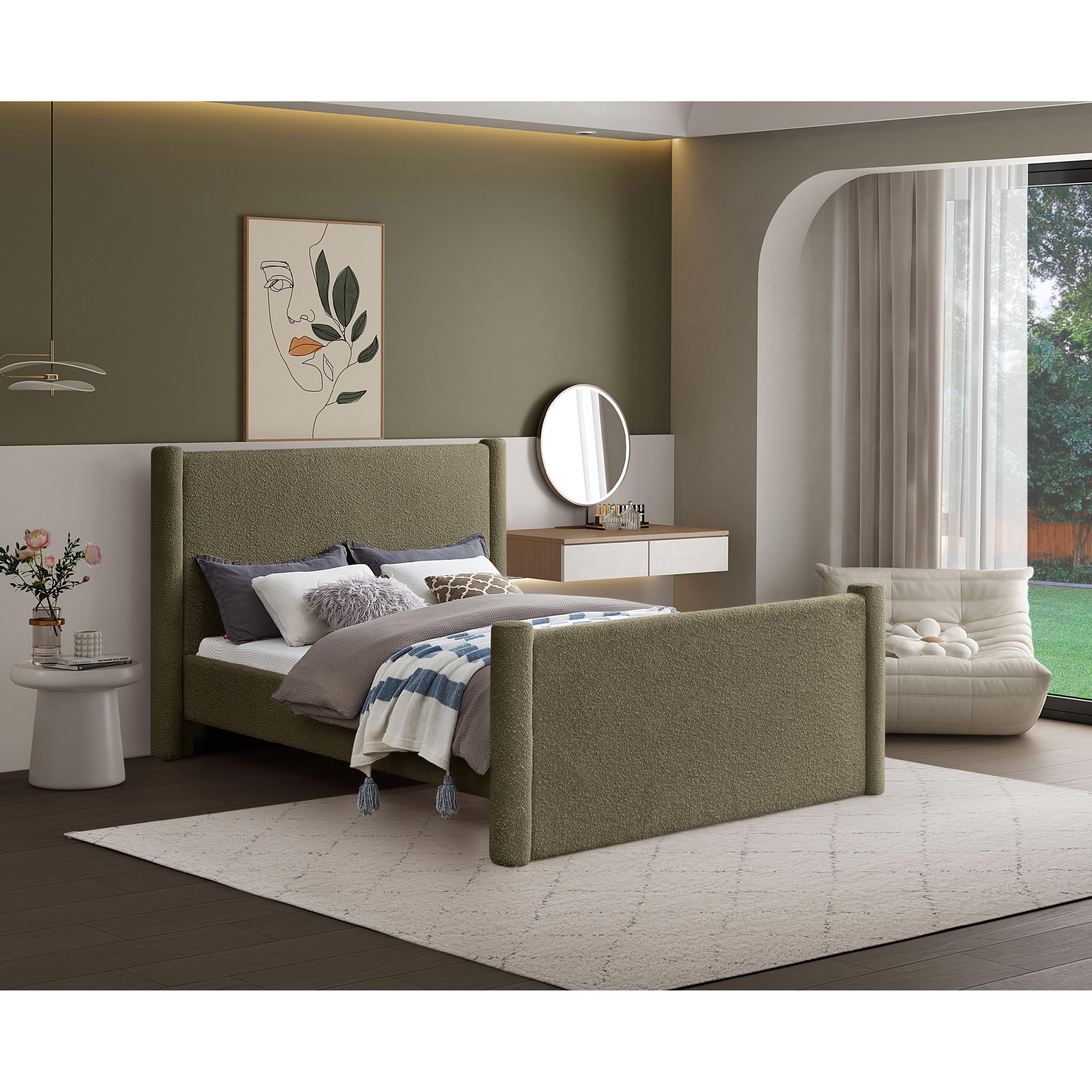 Meridian Elias Olive Green Boucle Fabric Full Bed