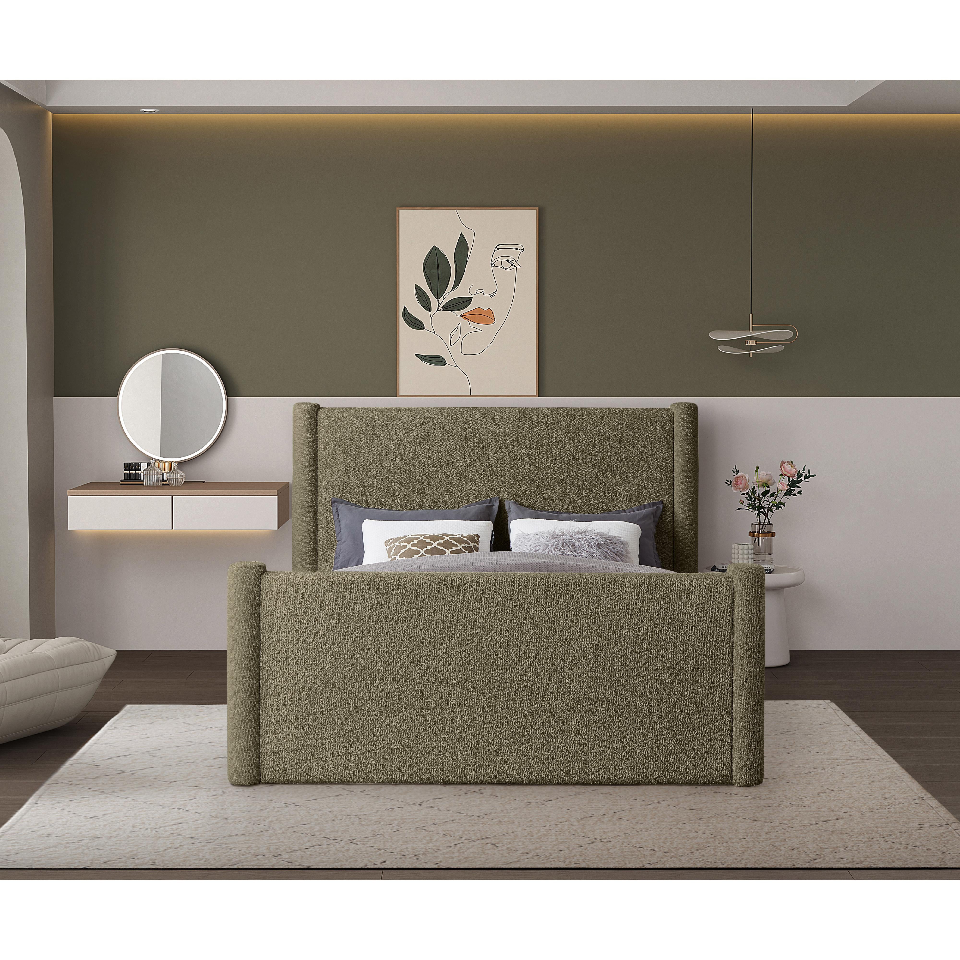 Meridian Elias Olive Green Boucle Fabric Full Bed