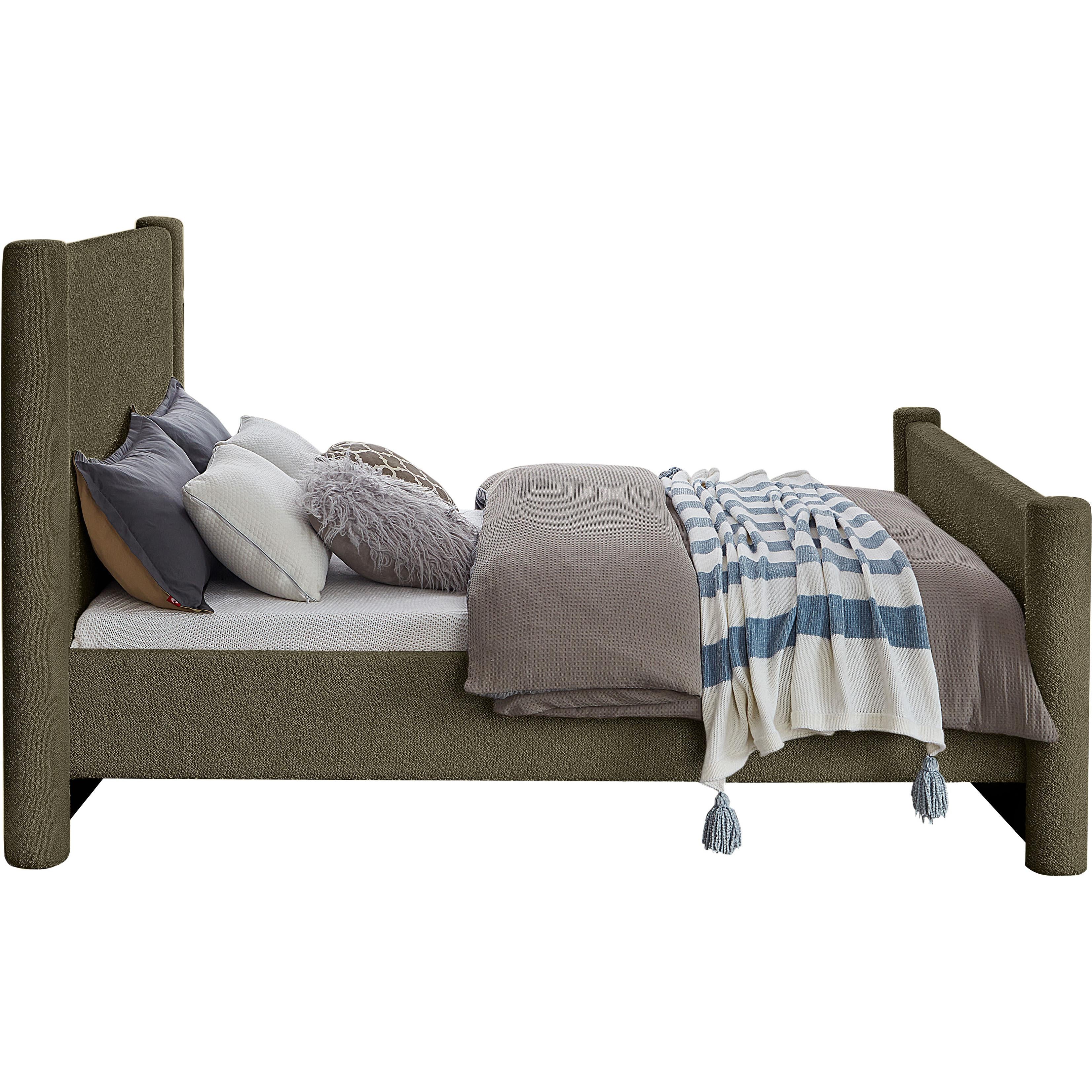 Meridian Elias Olive Green Boucle Fabric Queen Bed