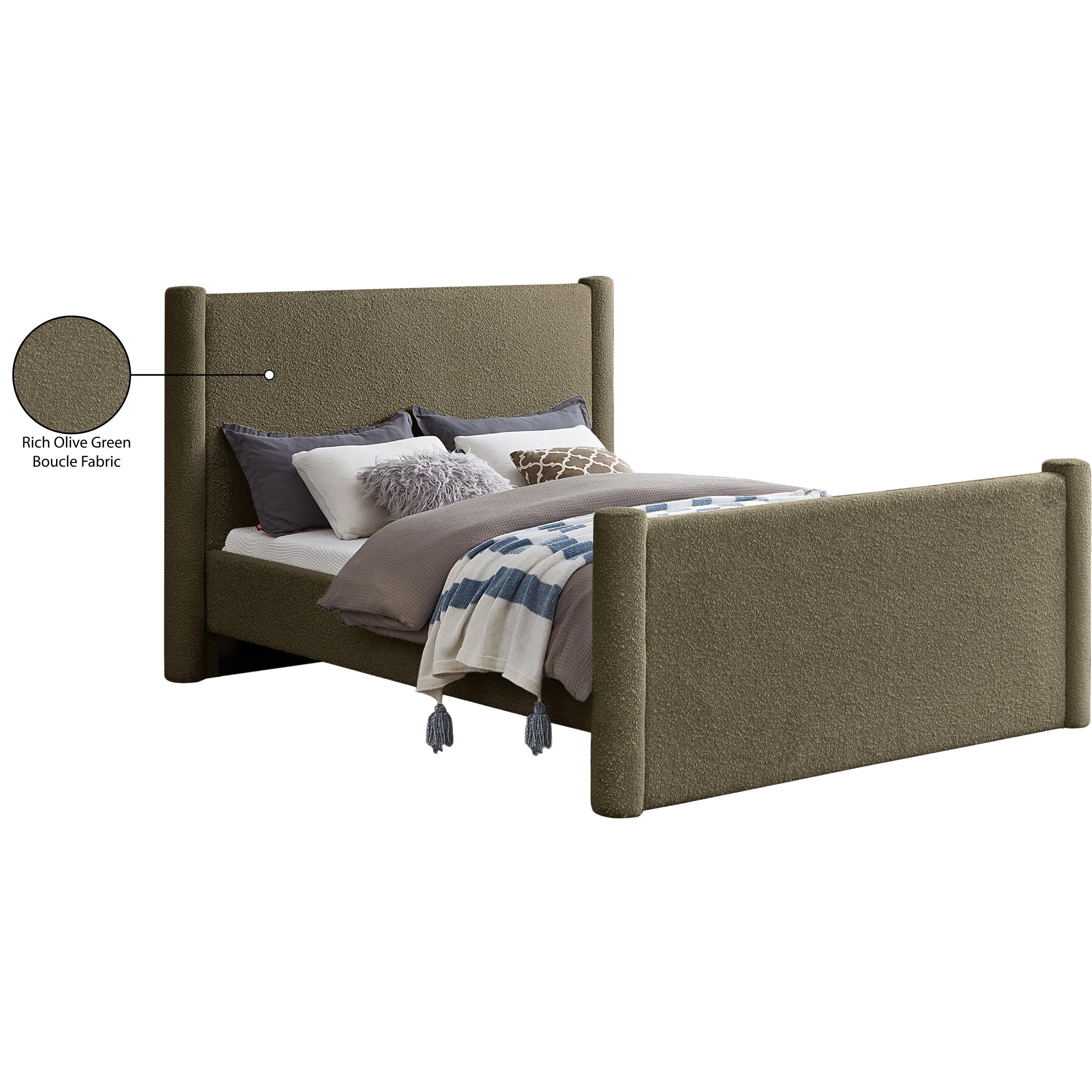 Meridian Elias Olive Green Boucle Fabric Queen Bed